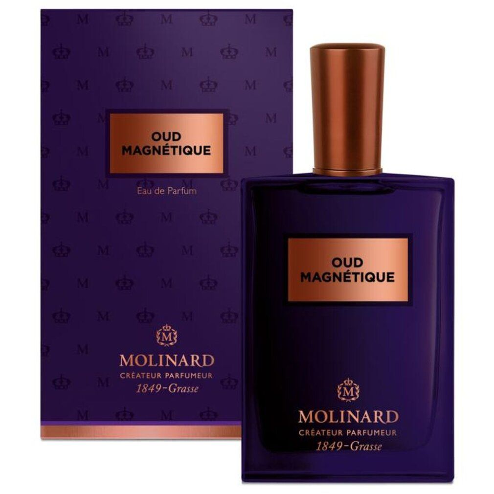 Dunkelblaue Flasche mit kupferfarbenem Verschluss und Etikett. Aufschrift: Oud Magnetique, Molinard. Rechteckige Verpackung mit Logo.