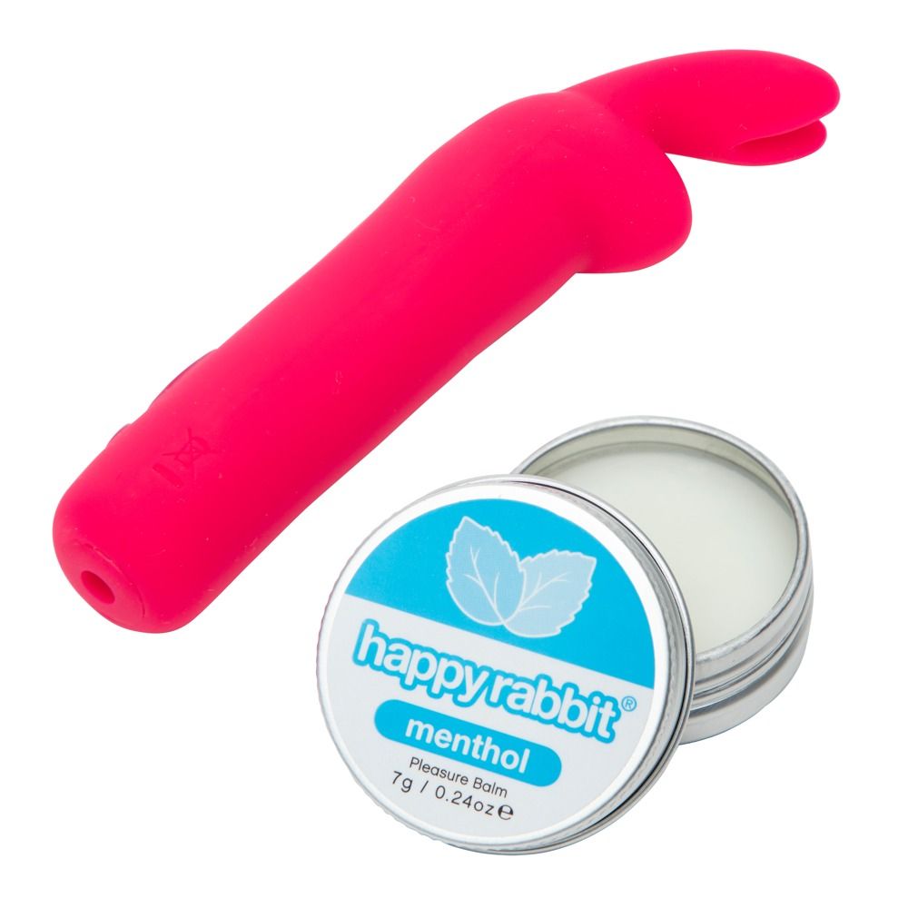 Rotes Gerät mit Creme. Creme-Dose mit Text: happyrabbit, menthol. Gerät mit Hasenohren-Design.