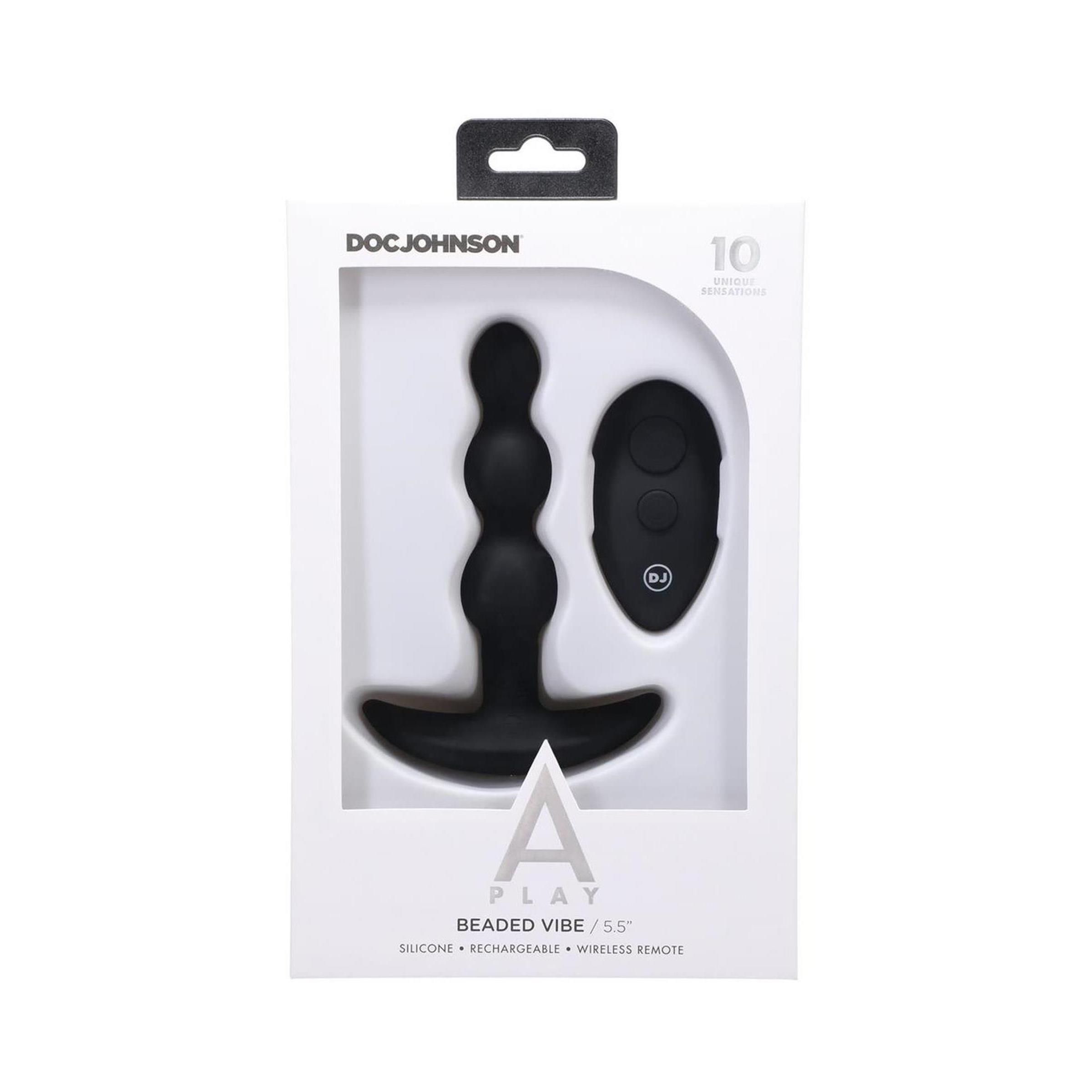 Schwarzes Analplug mit Fernbedienung in Verpackung. Marke: Doc Johnson. Produktname: Beaded Vibe / 5.5". Silikon, wiederaufladbar, kabellos.