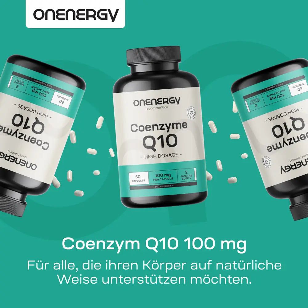 Frau beim Sport neben einem Behälter OnEnergy Coenzym Q10, 100 mg.