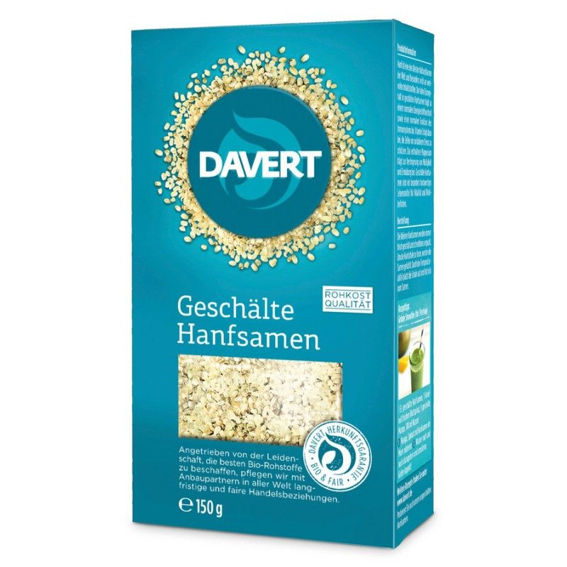 Türkisgrüne Verpackung mit Davert-Logo und Schriftzug "Geschälte Hanfsamen". Rohkost-Qualität-Siegel. 150g.