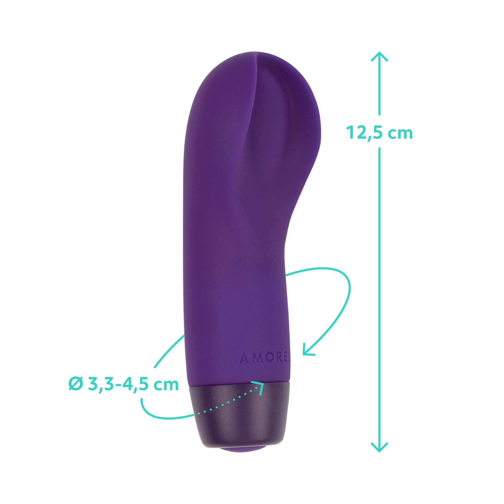 Violettfarbener Auflegevibrator mit Größenangaben. Durchmesser 3,3-4,5 cm. Länge 12,5 cm. AMORELIE Logo am Griff.