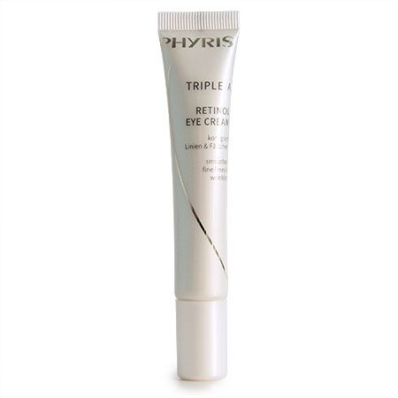 Creme-Tube mit Produktnamen PHYRIS. Aufschrift: Triple A Retinol Eye Cream. Weißer Tube mit silberner Linie.