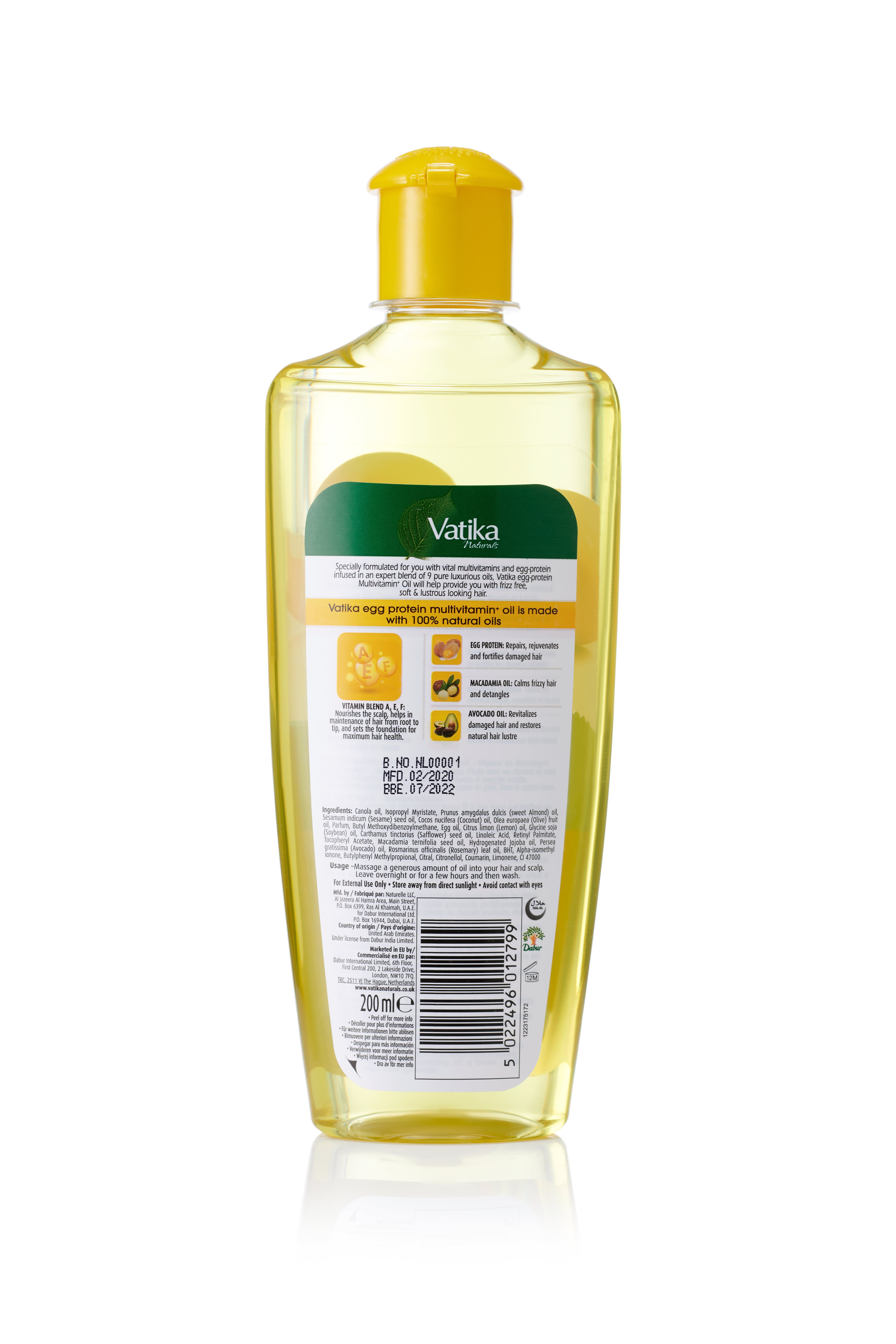Rückseite einer Haarölflasche. Aufschrift: Vatika. Informationen zu Inhaltsstoffen und Herkunft. 200ml.