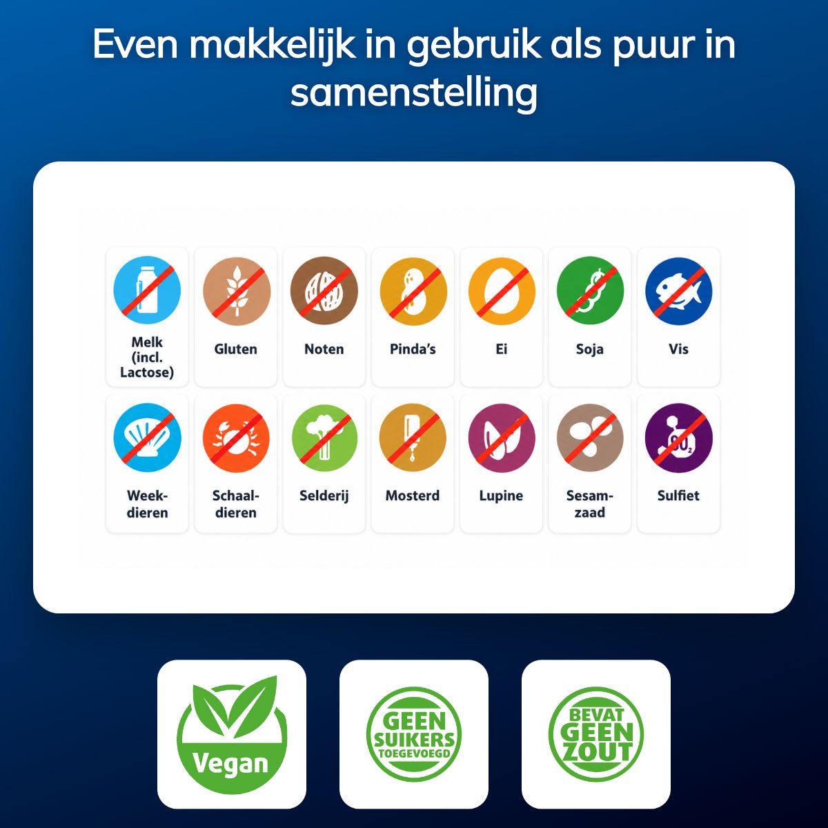 Symbole für 'Keine Milch (inkl. Laktose)', 'Kein Gluten', 'Keine Nüsse', 'Keine Erdnüsse', 'Keine Eier', 'Keine Soja', 'Kein Fisch', 'Keine Schalentiere', 'Keine Krustentiere', 'Kein Sellerie', 'Kein Senf', 'Keine Lupine', 'Kein Sesam', 'Keine Sulfite'. Darunter: 'Vegan', 'Kein Zucker zugesetzt', 'Kein Salz'.