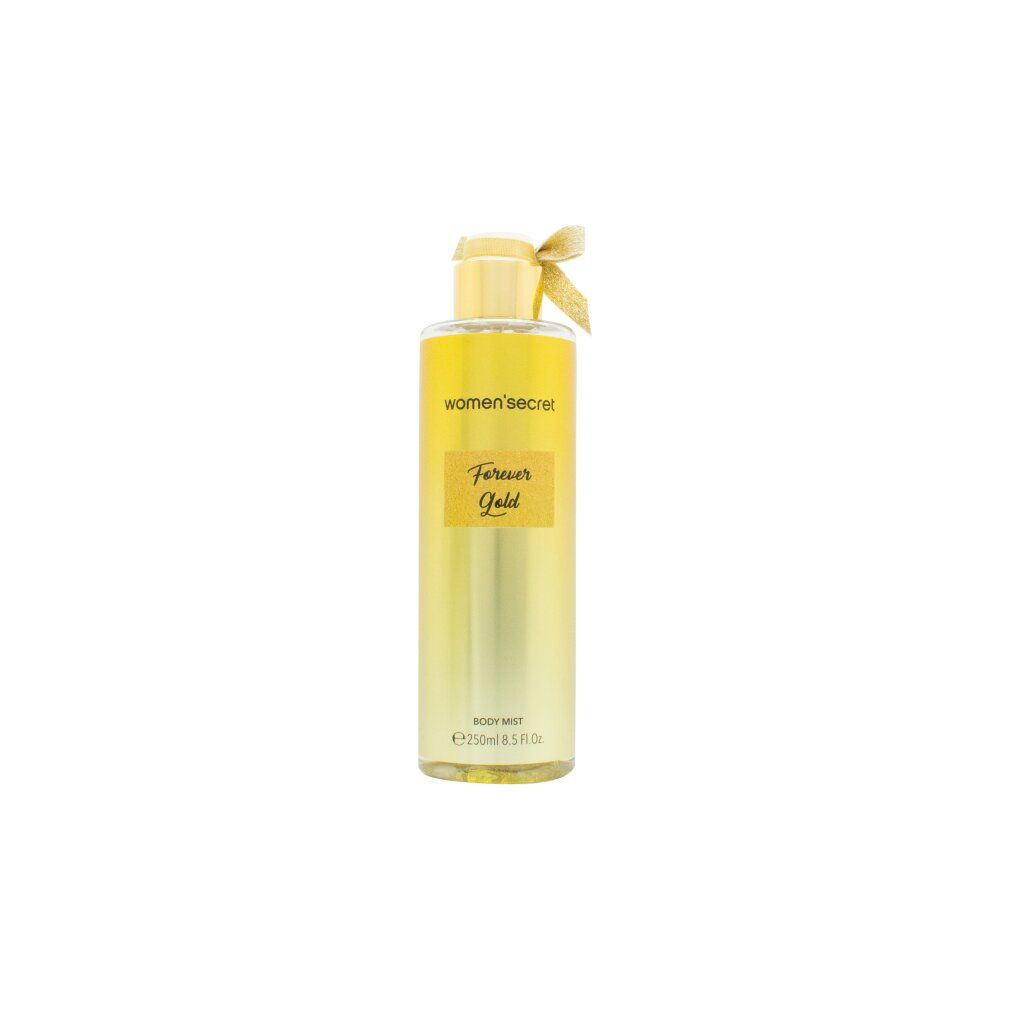 Goldfarbenes Body Mist mit gelbem Deckel und Schleife. Aufschrift: women'secret, Forever Gold, BODY MIST.