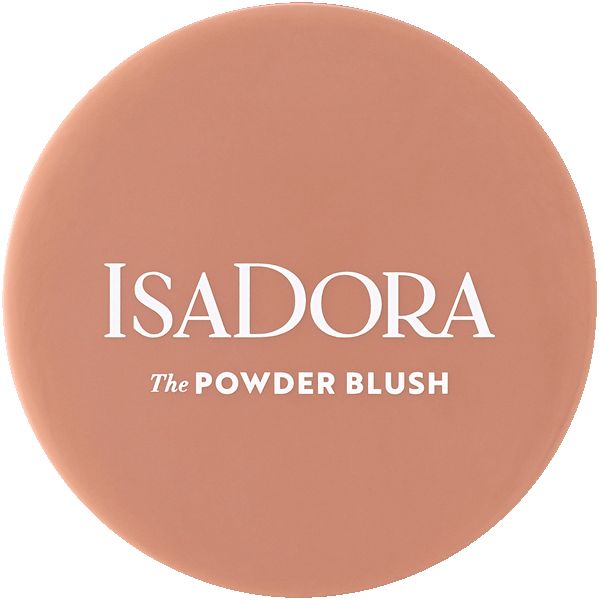 Runder, rosafarbener IsaDora Powder Blush-Behälter. Weißer Schriftzug: IsaDora, The Powder Blush.