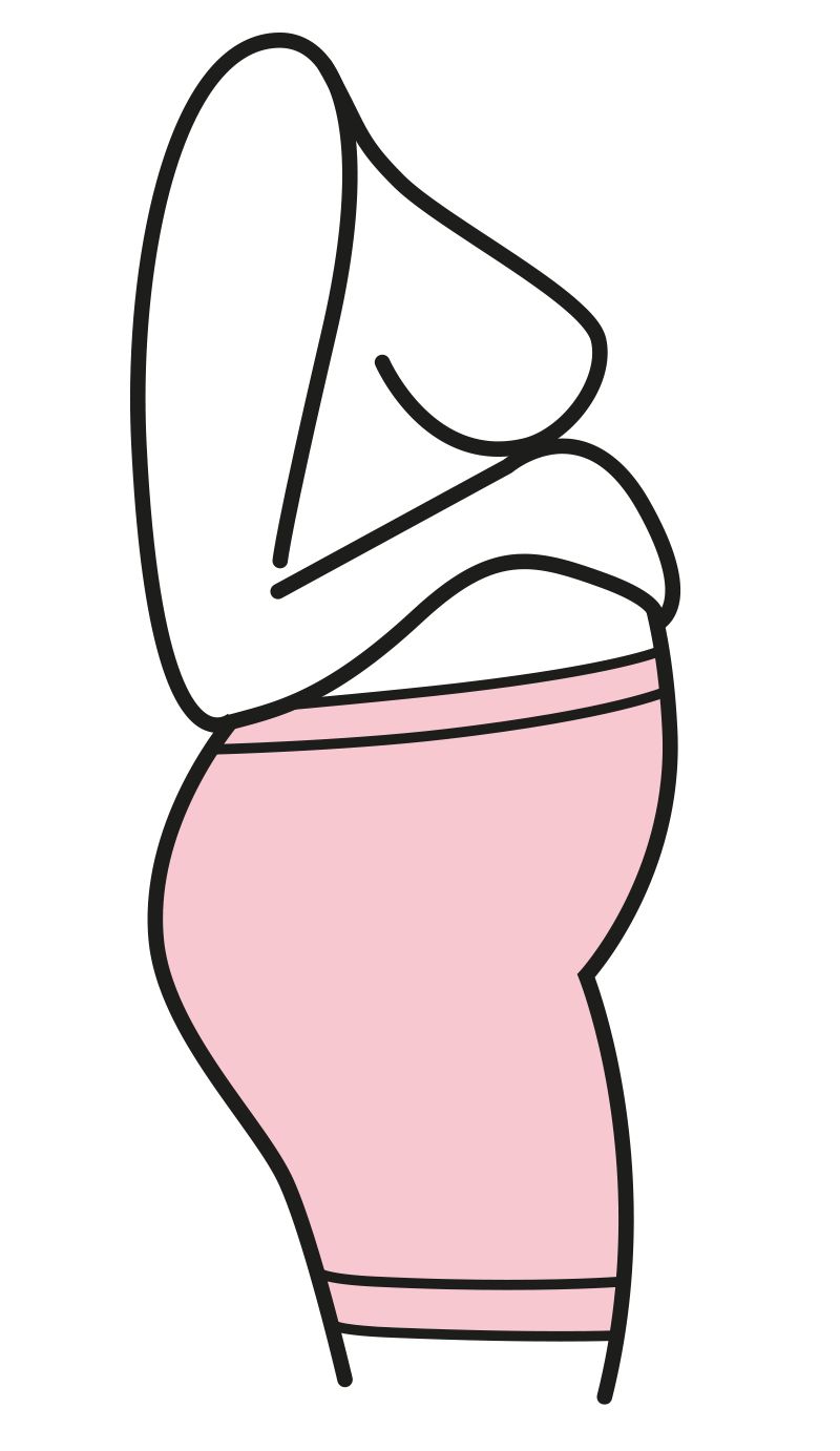 Illustration einer Person, die rosa Einwegunterwäsche trägt. Schwarze Umrisse.