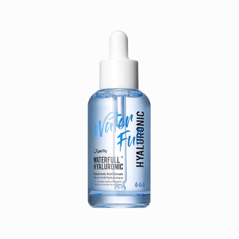 Blaue Glasflasche mit weißem Deckel und Pipette. Beschriftung: Waterfull Hyaluronic, Hyaluronsäure Serum.