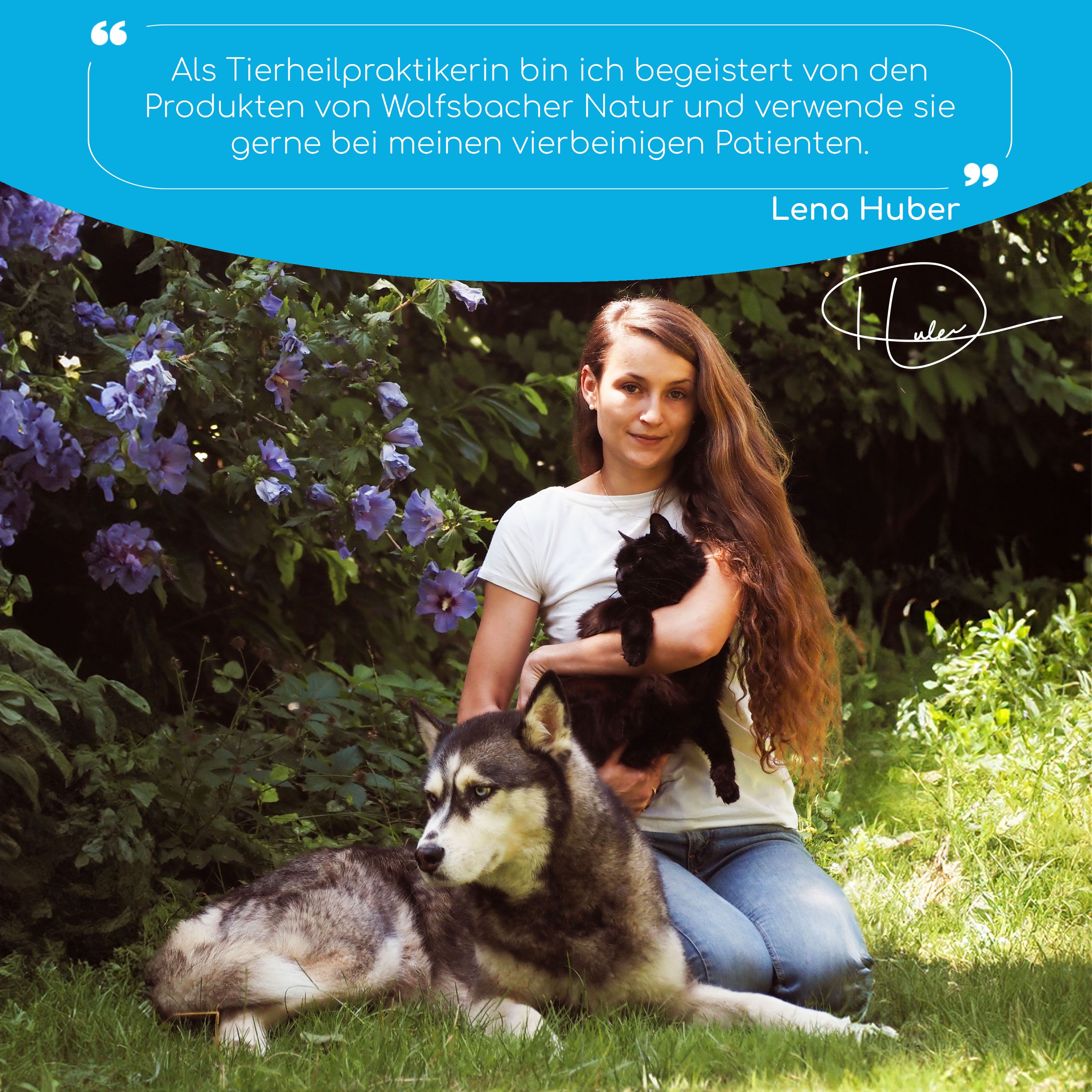 Frau mit Hund und Katze. Zitat: 'Als Tierheilpraktikerin bin ich begeistert von den Produkten von Wolfsbacher Natur'.