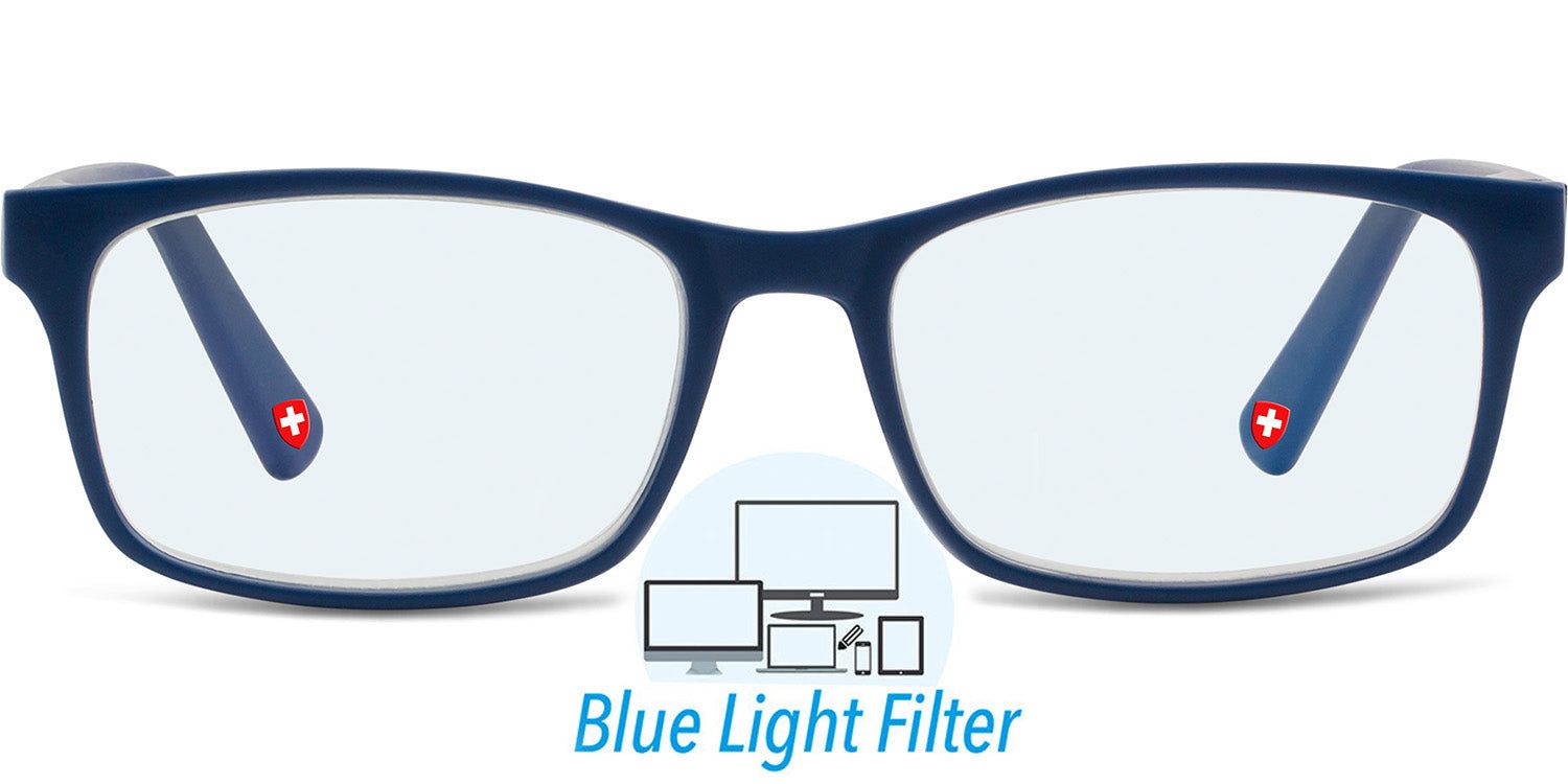 Blaue Brille mit rechteckigen Gläsern. Rotes Kreuz auf den Bügeln. Text: Blue Light Filter. Grafische Darstellung von Bildschirmen.