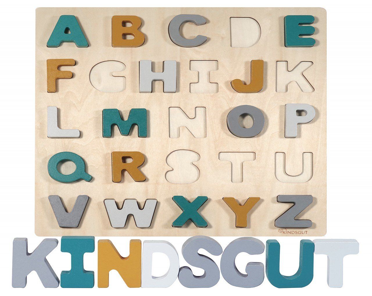 Holzpuzzle mit Buchstaben und dem Markennamen Kindsgut. Buchstaben in verschiedenen Farben. Das Puzzle ist quadratisch.