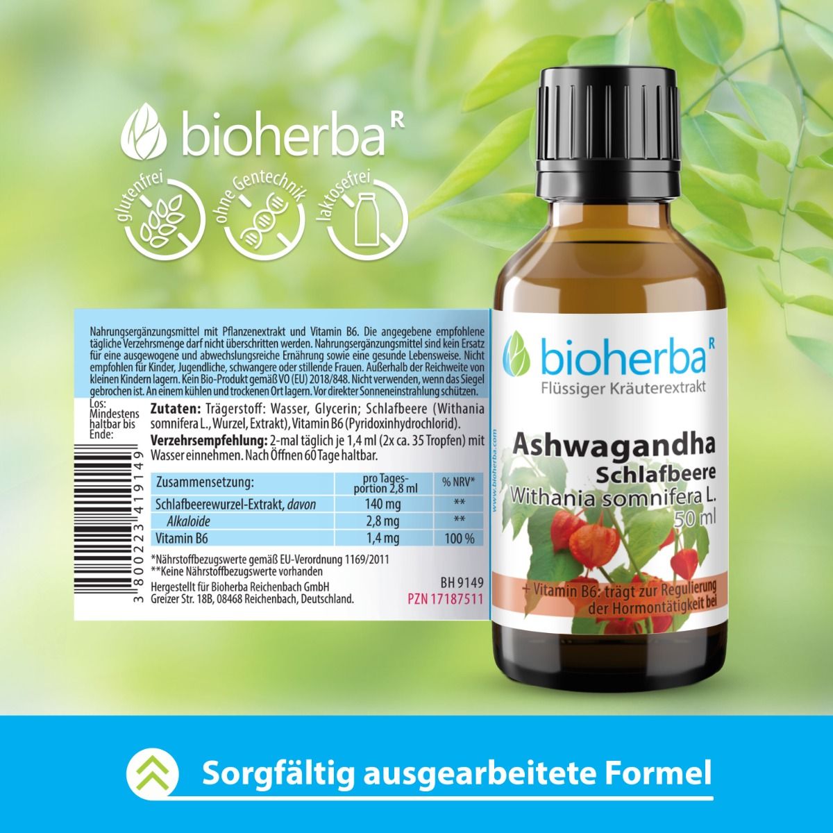 Braune Glasflasche mit Etikett. Text: Ashwagandha Schlafbeere. Zutatenliste und Nährwertangaben. Glutenfrei-Logo.