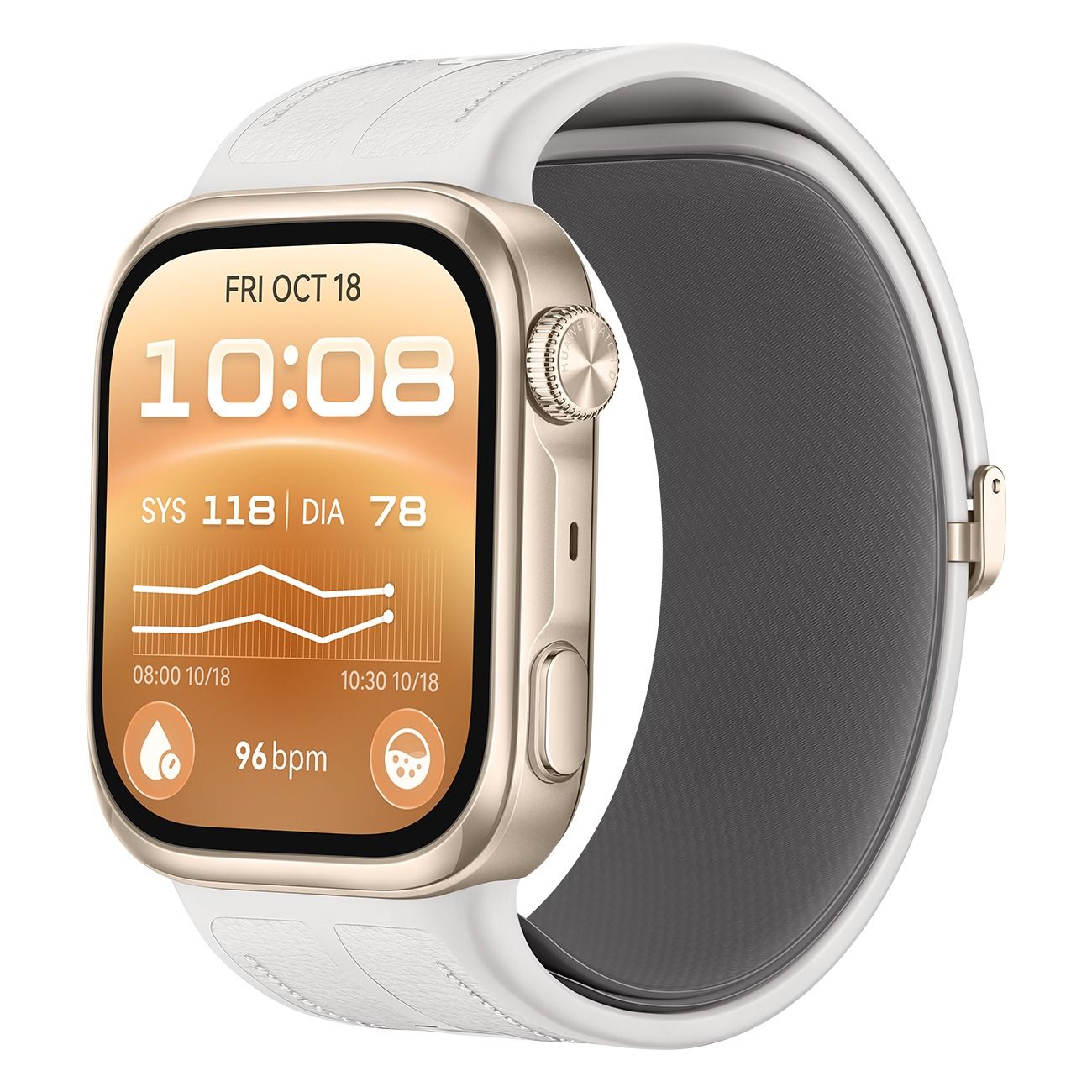 Goldfarbene Smartwatch mit weißem Armband, zeigt Blutdruck und Herzfrequenz auf dem Display.