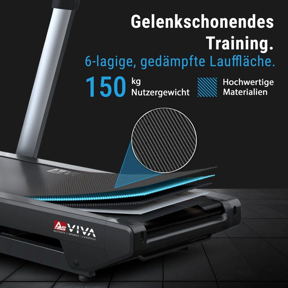 AsVIVA Laufband T23 Pro Climb: 6-lagige, gedämpfte Lauffläche, 150 kg Nutzergewicht, hochwertige Materialien.
