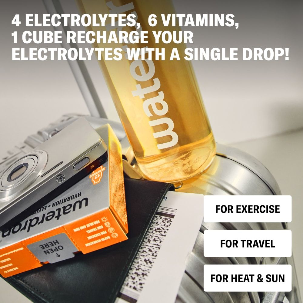 Wasserflasche und waterdrop® Orange Recharge Würfel neben Reiseutensilien, mit Aufschriften für Sport, Reisen und Hitze.