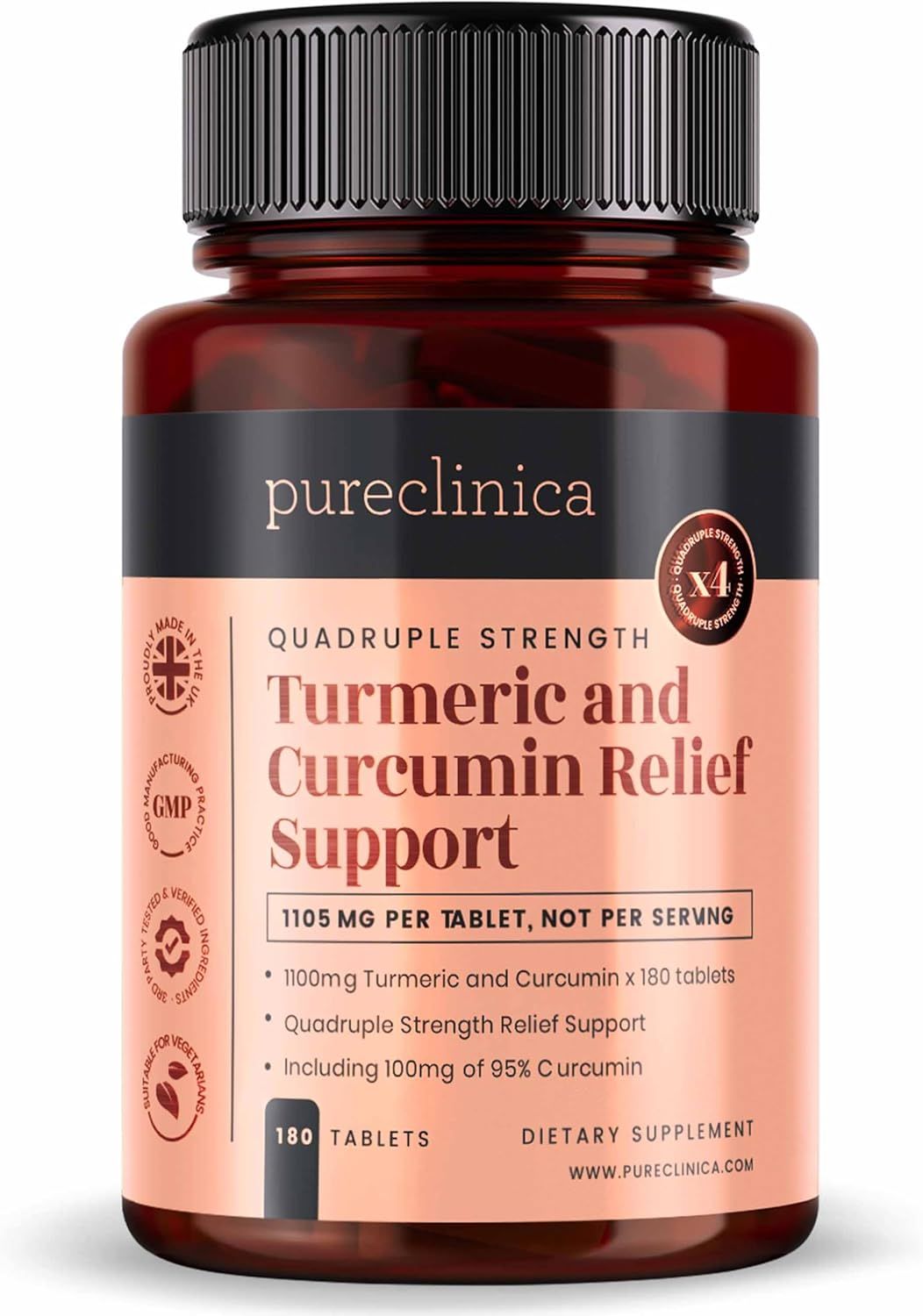 Pureclinica Kurkuma und Curcumin Linderung Unterstützung, 180 Tabletten. 1105 mg pro Tablette.