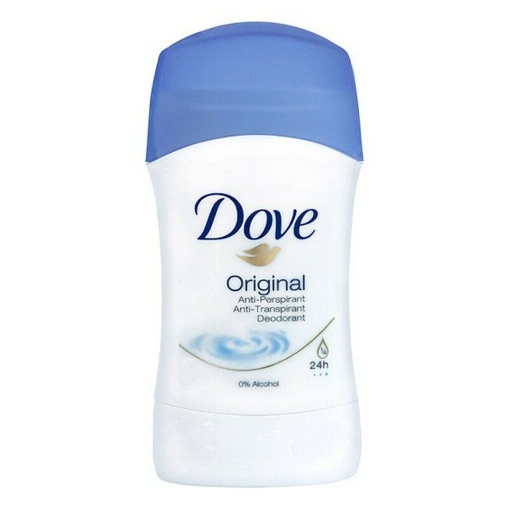 Weißer Deostick mit blauem Deckel. Aufschrift Dove Original. Darunter ein blaues Wellen-Design. 24h Anti-Transpirant.