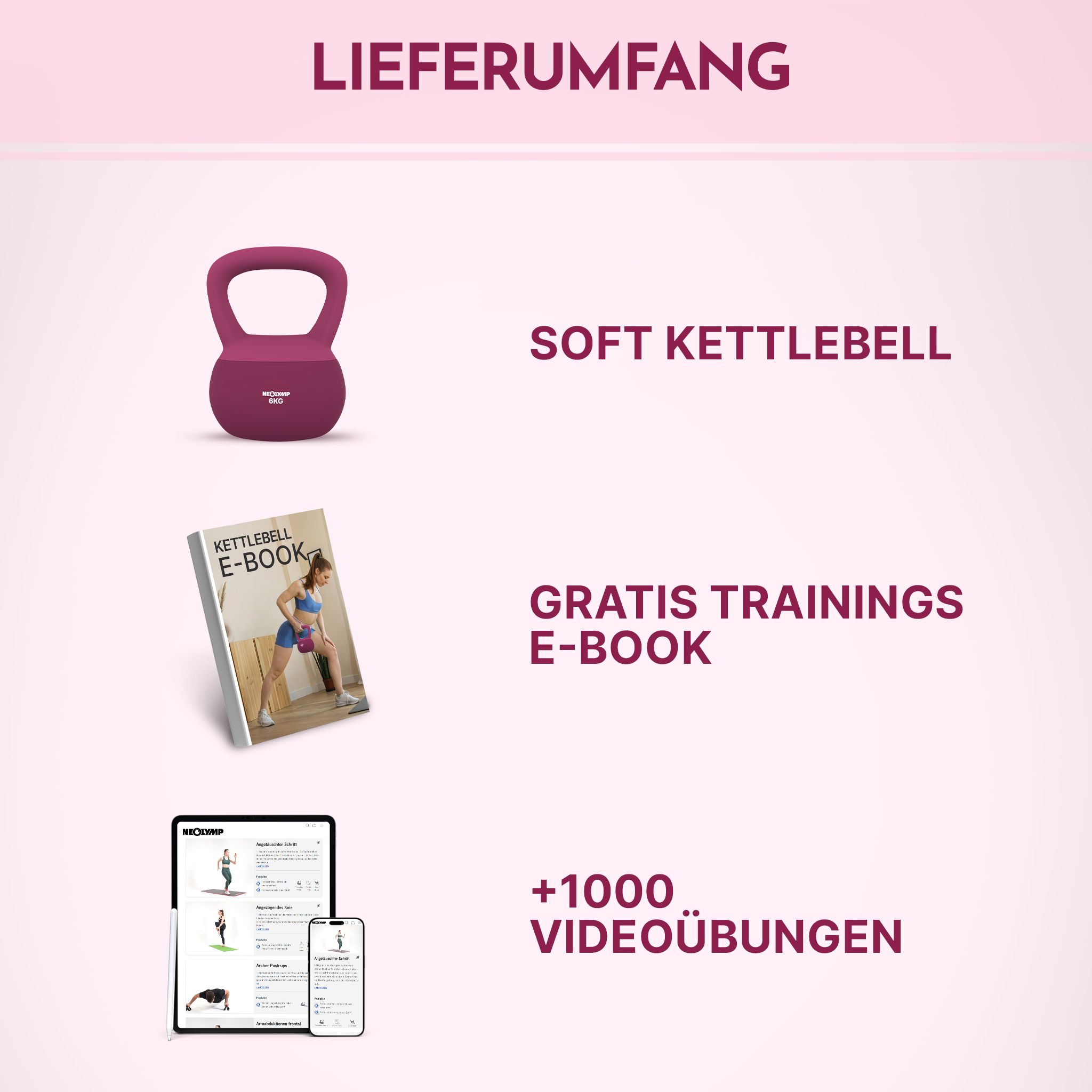 Lieferumfang: Soft Kettlebell, E-Book, über 1000 Videoübungen.