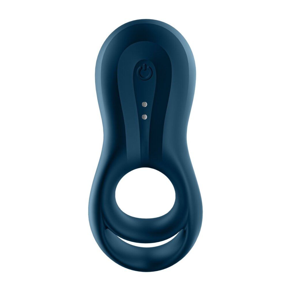 Dunkelblauer Ringvibrator. Mit Ein-/Ausschalter und zwei Kontrollleuchten. Doppelschleifen-Design.