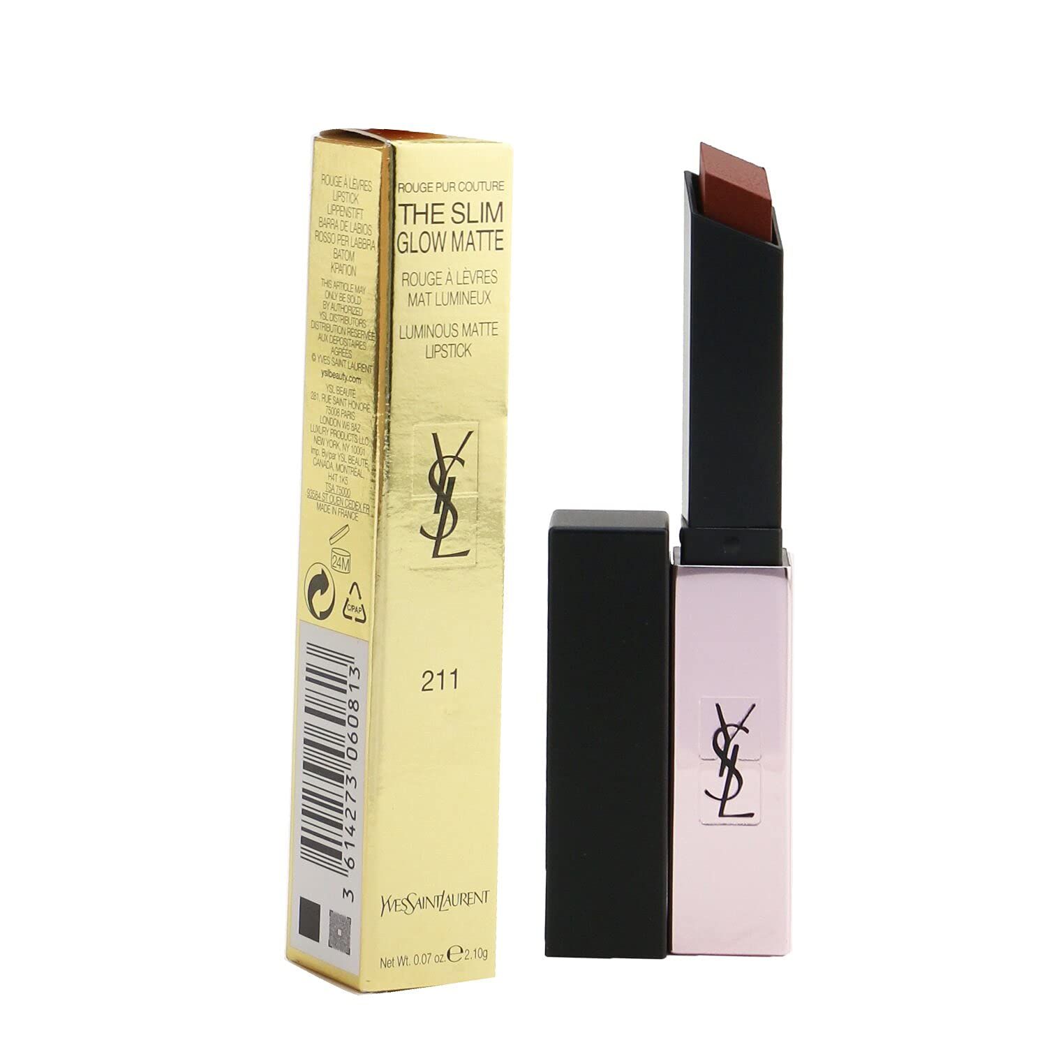 Lippenstift mit goldener Verpackung. Schwarzer Lippenstift-Halter, geöffnet. Aufschrift: Yves Saint Laurent, The Slim Glow Matte, 211.