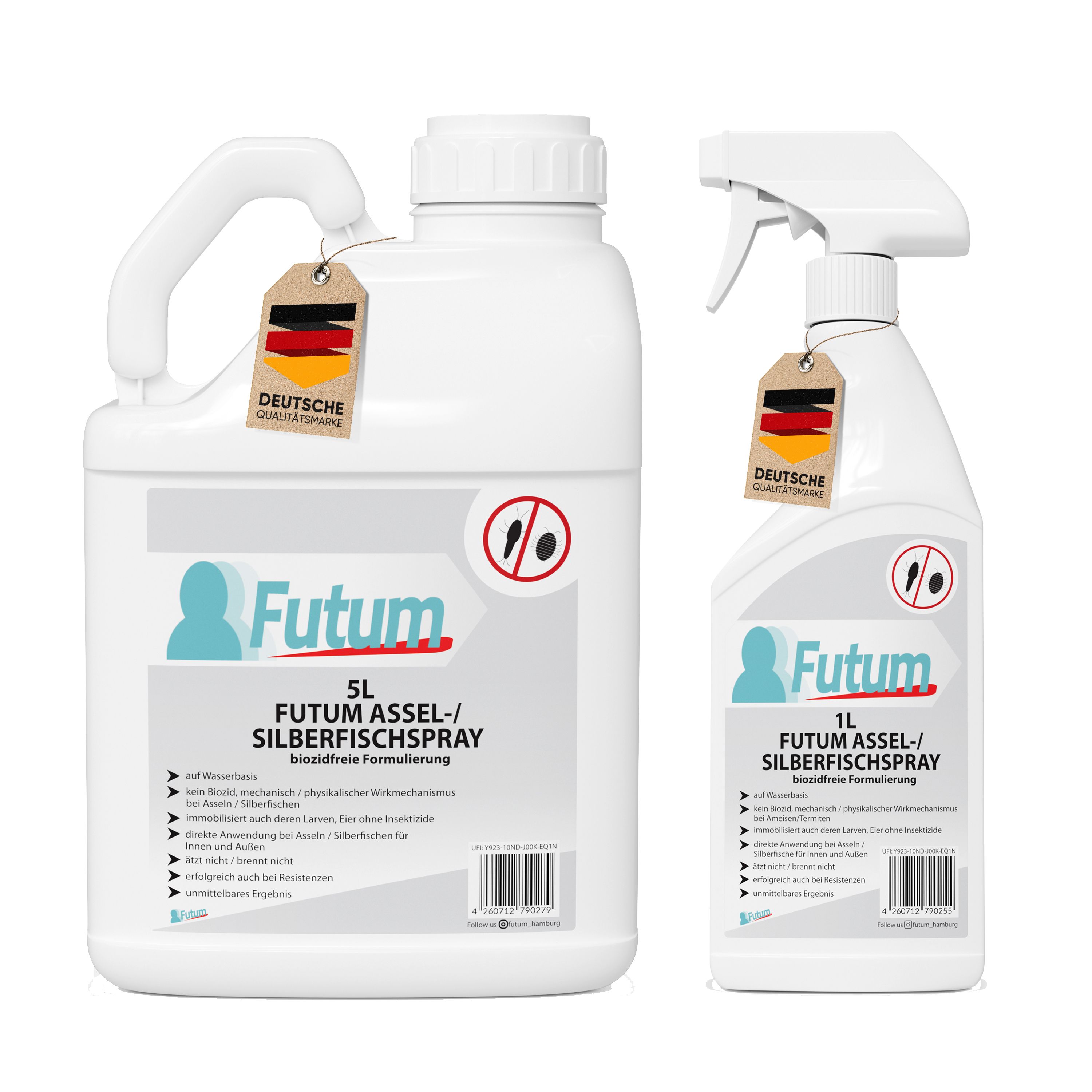 Zwei weiße Flaschen mit Produkt FUTUM. 5L Kanister und 1L Sprühflasche. Beide mit deutschem Qualitätszeichen. Produktname und Logo sichtbar.