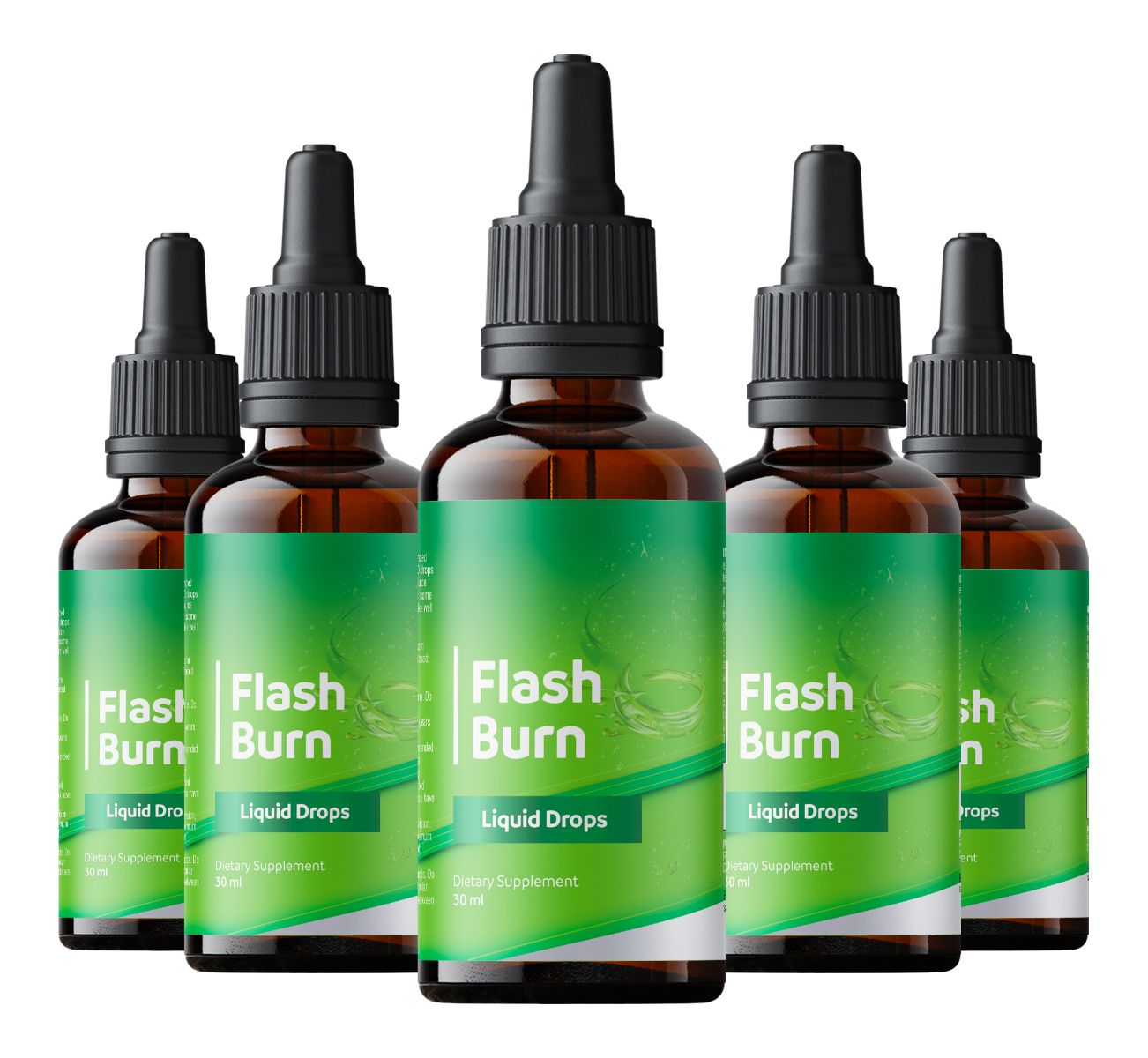 Fünf braune Glasflaschen mit schwarzen Deckeln. Grün-weißes Etikett mit "Flash Burn" und "Liquid Drops".