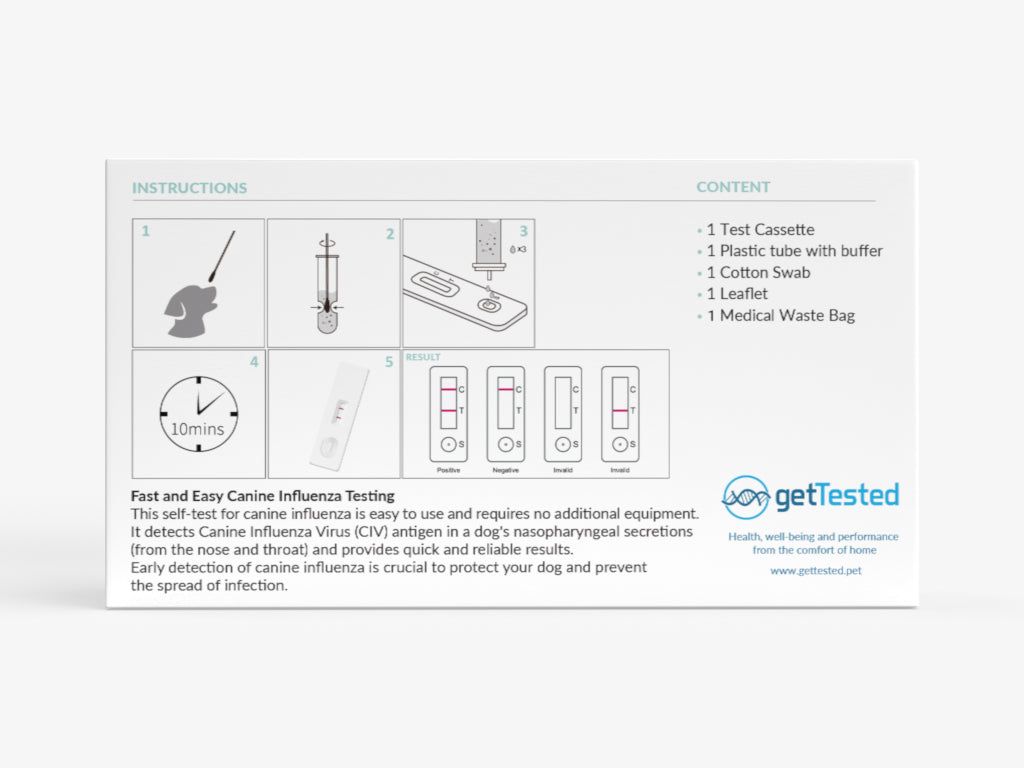 Verpackung mit Abbildungen und Text. Enthält Testkassette, Plastikröhrchen, Wattestäbchen, Beipackzettel und medizinischen Abfallbeutel.