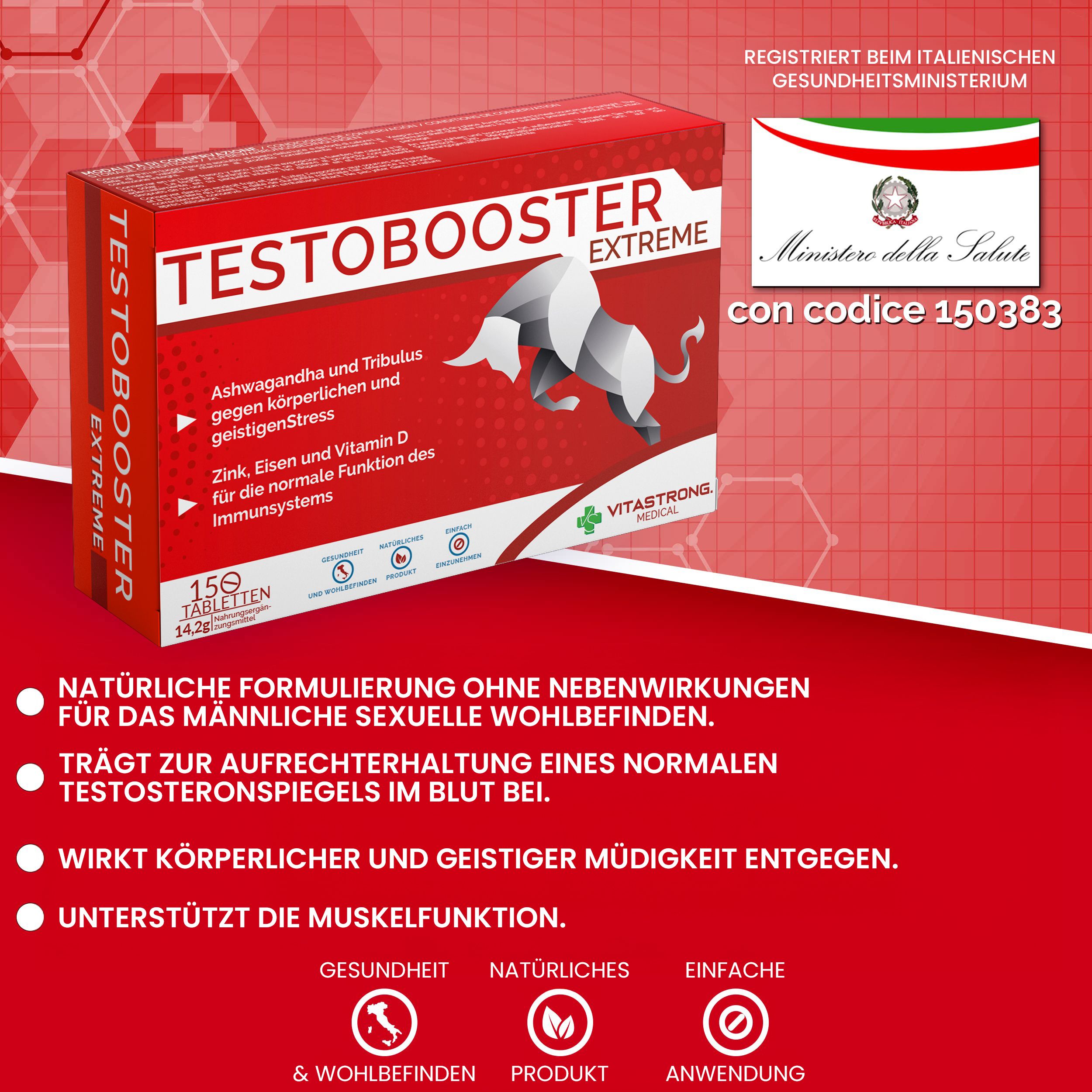 Verpackung Testobooster Extreme. 15 Tabletten. Ministero della Salute. VS Medical Logo. Code 150383.