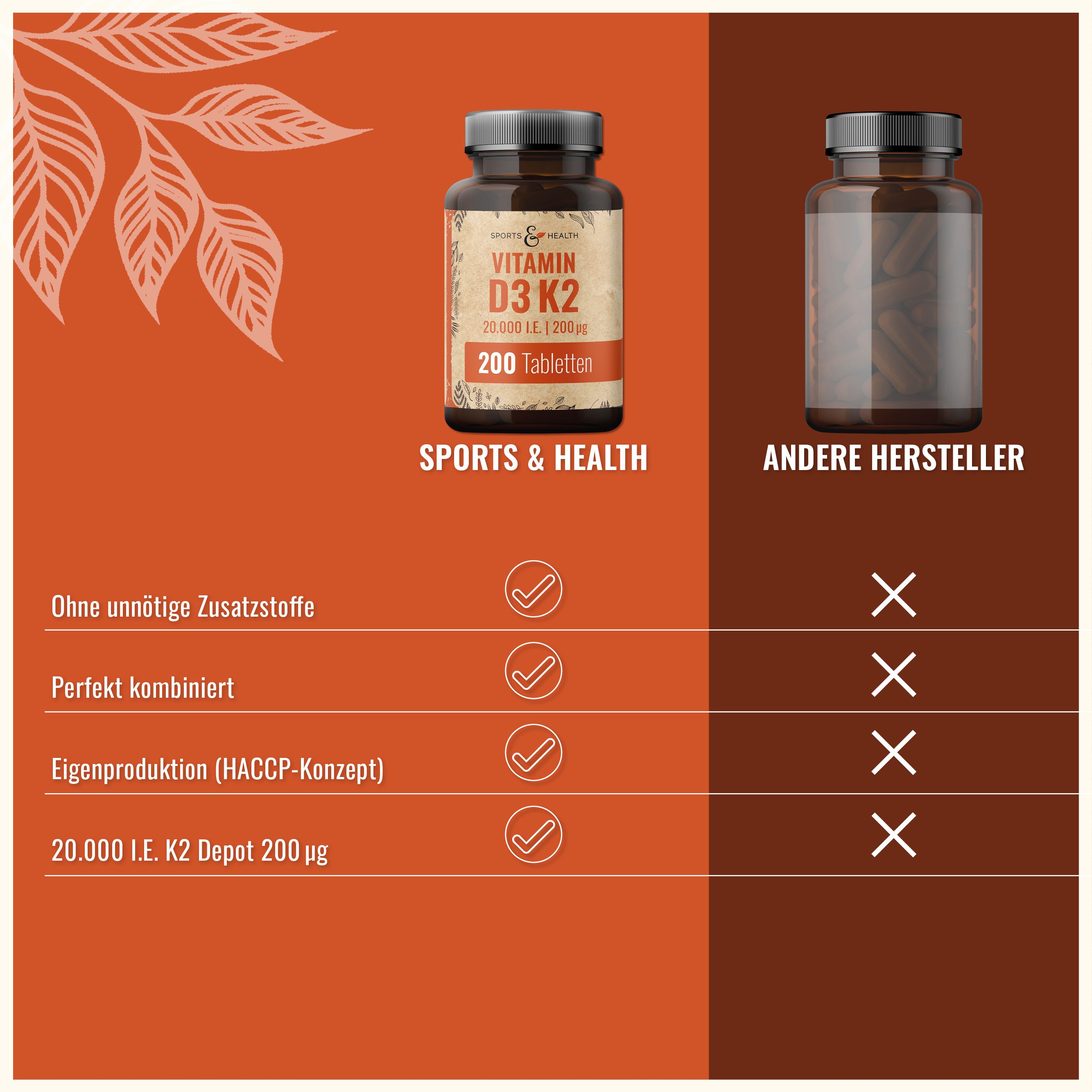 Vergleich von "Sports & Health" Vitamin D3 K2 Tabletten mit einem anderen Hersteller. Text mit Häkchen und Kreuzen.