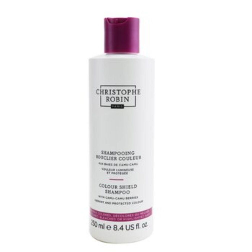 Weiße Flasche Christophe Robin Colour Shield Shampoo mit Camu-Camu-Beeren, 250 ml.