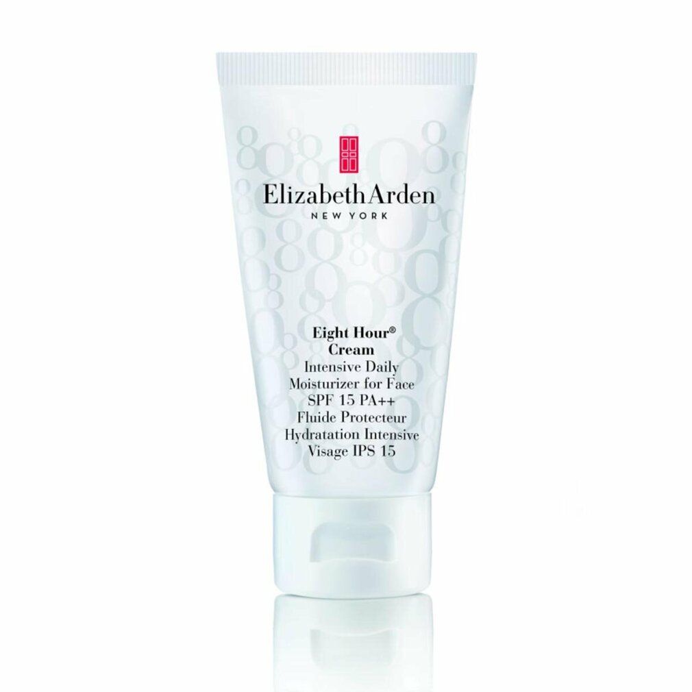 Weiße Tube Elizabeth Arden Eight Hour Cream. Text: Intensive Daily Moisturizer for Face SPF 15 PA++. Rotes Logo.