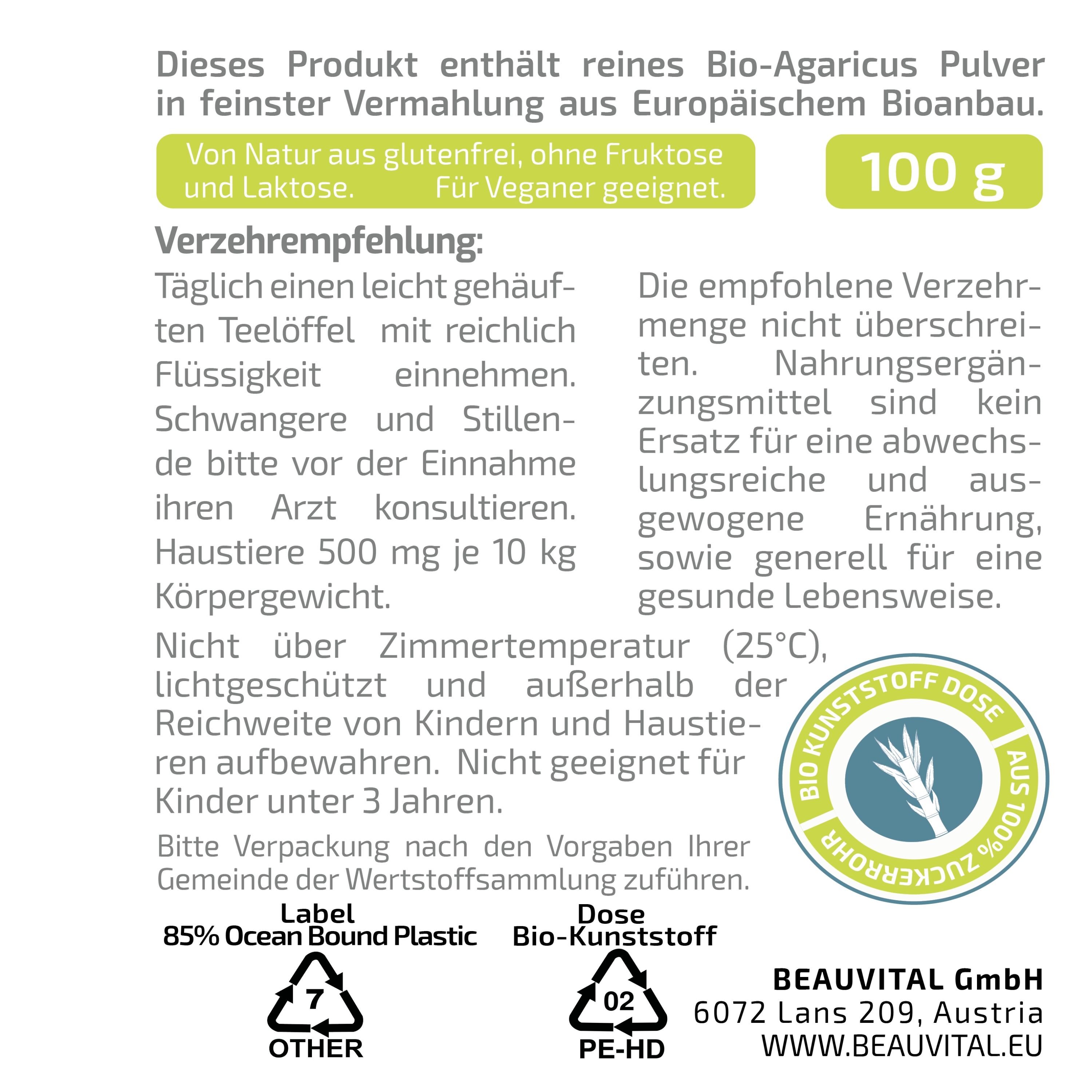 BEAUVITAL® Pure Bio Mandelpilz Pulver, (Agaricus blazei Murrill) aus EU-Anbau
