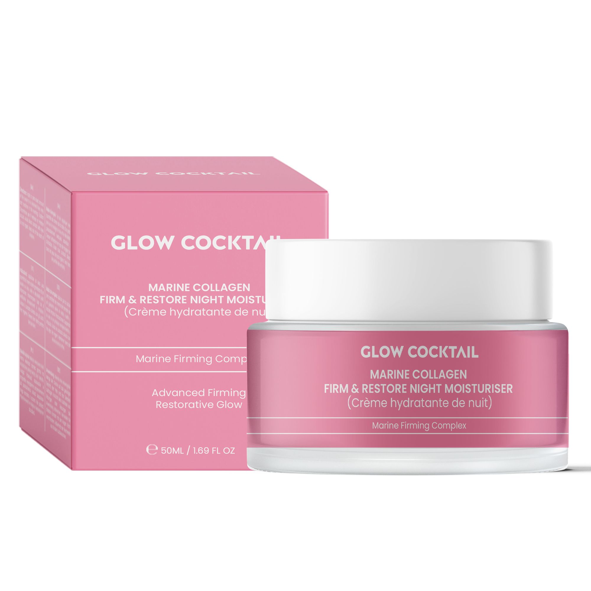 Rosa Creme-Dose und -Verpackung. Aufschrift: Glow Cocktail, Marine Collagen Firm & Restore Night Moisturiser. Mit 50ml.