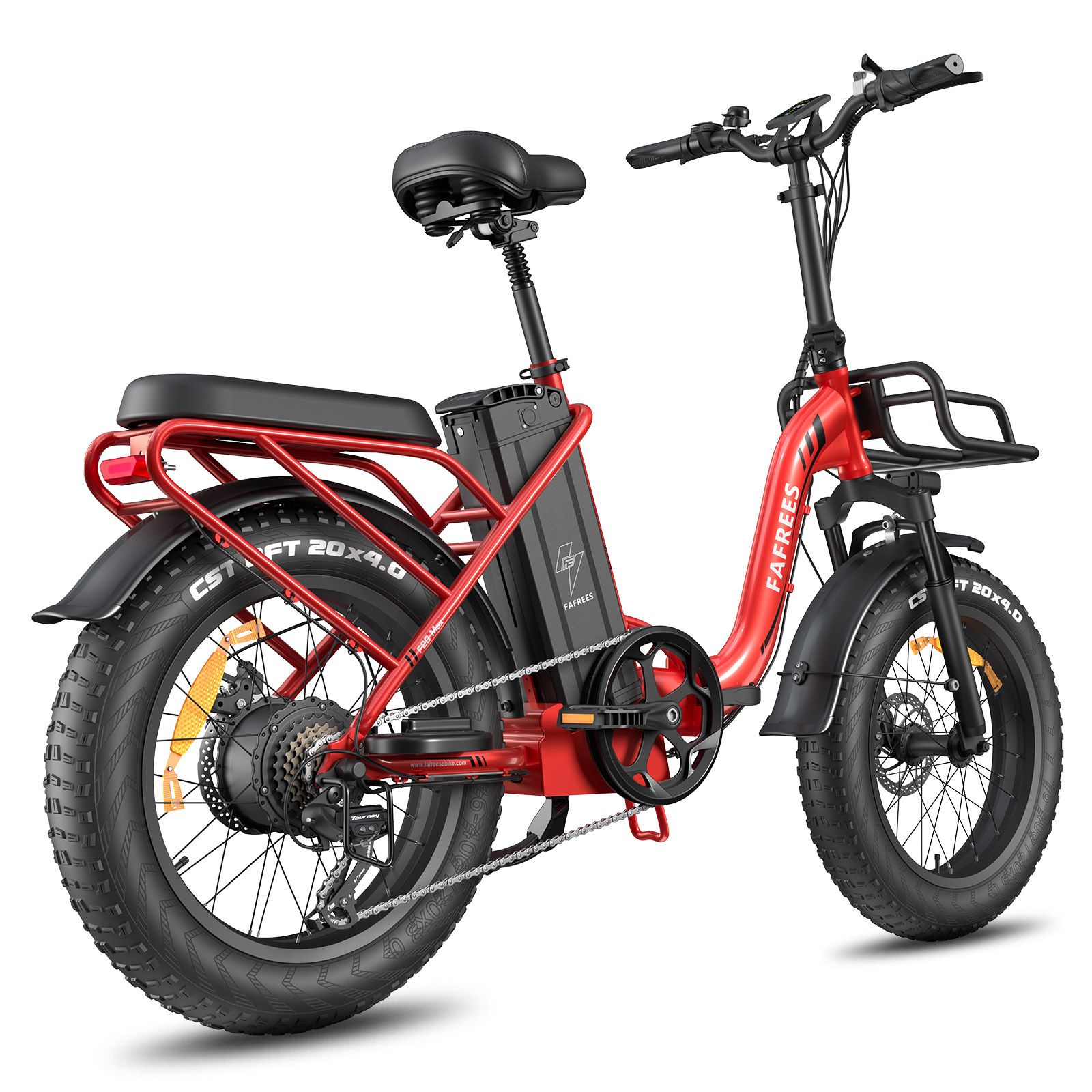 Rotes Falt-E-Bike mit schwarzem Korb, Reifen und Sattel. FAFREES-Logo sichtbar. Mit Akku und LCD-Display.