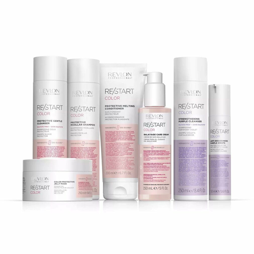 Mehrere Revlon Re-Start Produkte. Flaschen, Tiegel und Tube. Produkte: RE/START COLOR, Protective Melting Conditioner.