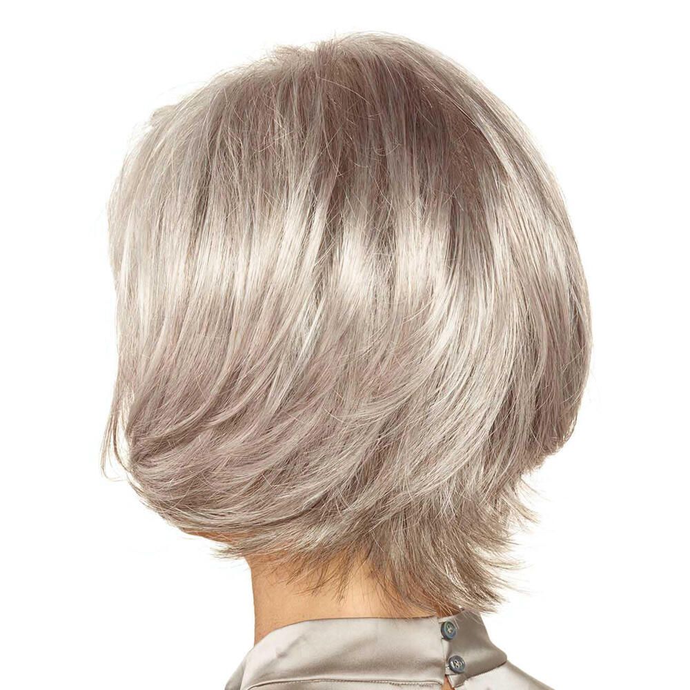 Kurzhaarperücke, grau-meliert, mit Pony. Rückansicht.