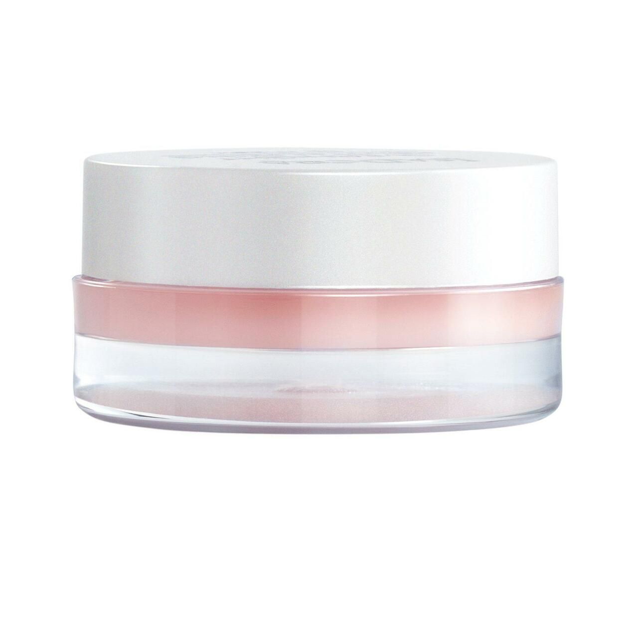 Runder, transparenter Tiegel mit weißem Deckel. Rosa Inhalt sichtbar. Produkt für die Lippenpflege.