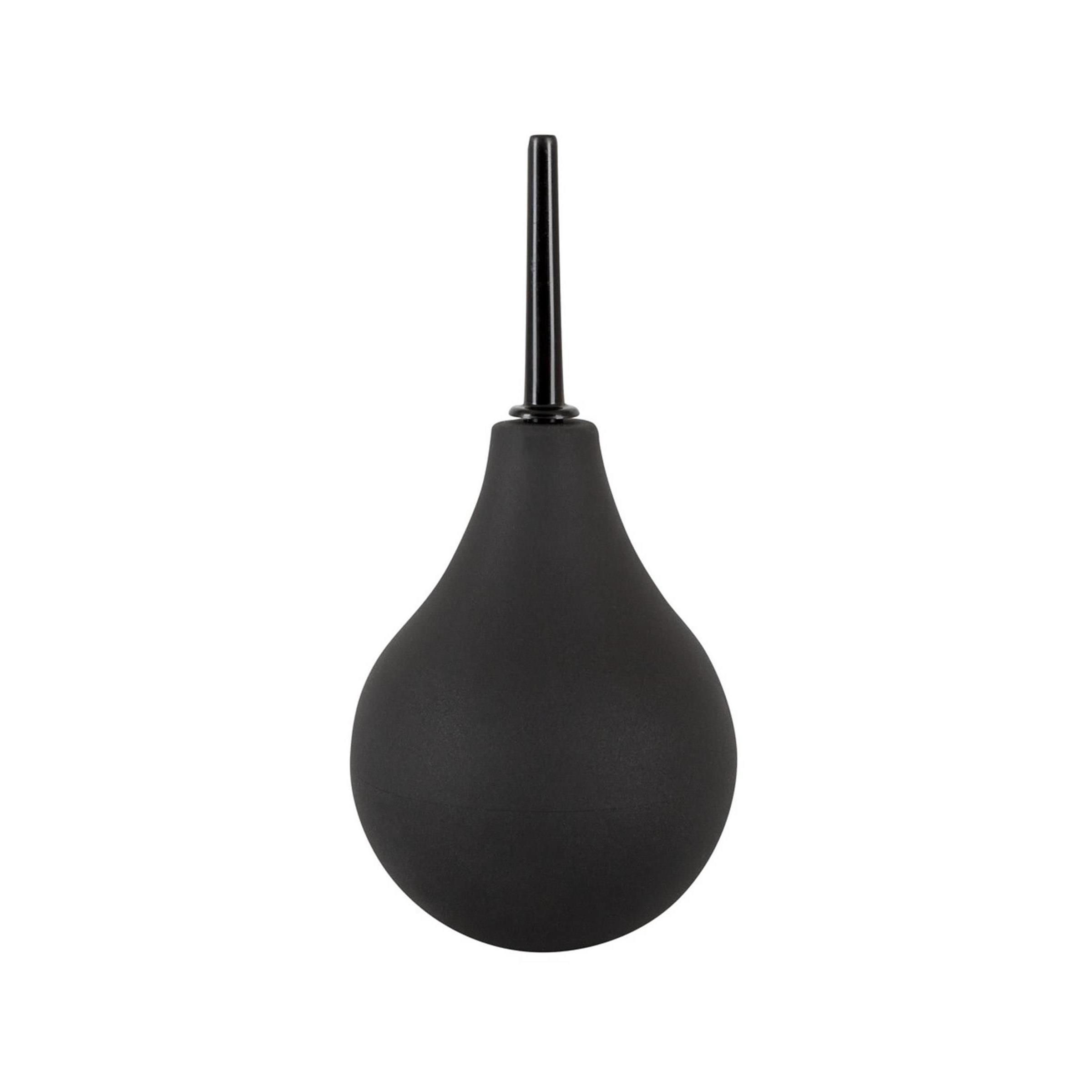 Schwarze Douche mit schwarzem Aufsatz. Birnenförmig, aus Silikon.