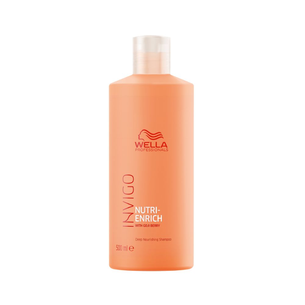Orangefarbene Shampoo-Flasche mit weißem Deckel. Schriftzug: Wella Professionals, Invigo, Nutri-Enrich, Deep Nourishing Shampoo. 500 ml.