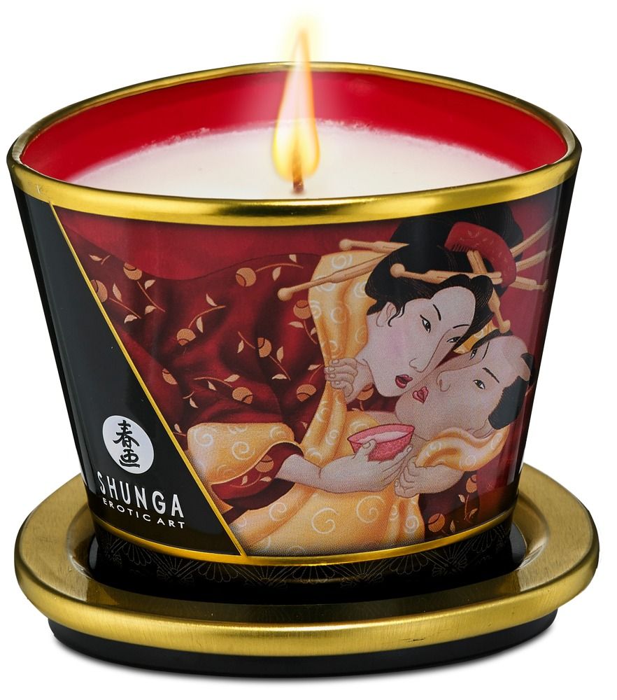 Kerzenbehälter mit rotem und schwarzem Dekor. Goldfarbener Rand und Untersetzer. Flamme brennt. Shunga-Logo.