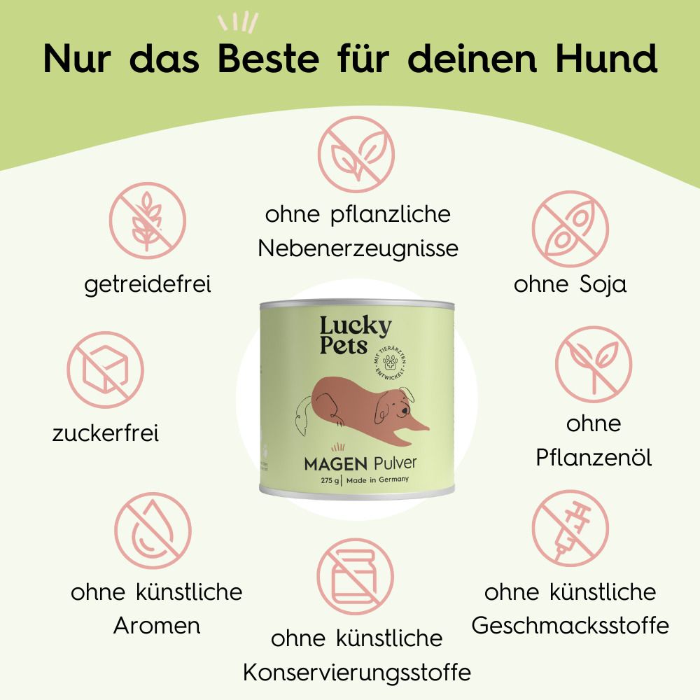 Dose Lucky Pets Magen Pulver. Ohne pflanzliche Nebenerzeugnisse, Soja, Pflanzenöl, künstliche Aromen, Konservierungsstoffe, Getreide, Zucker.