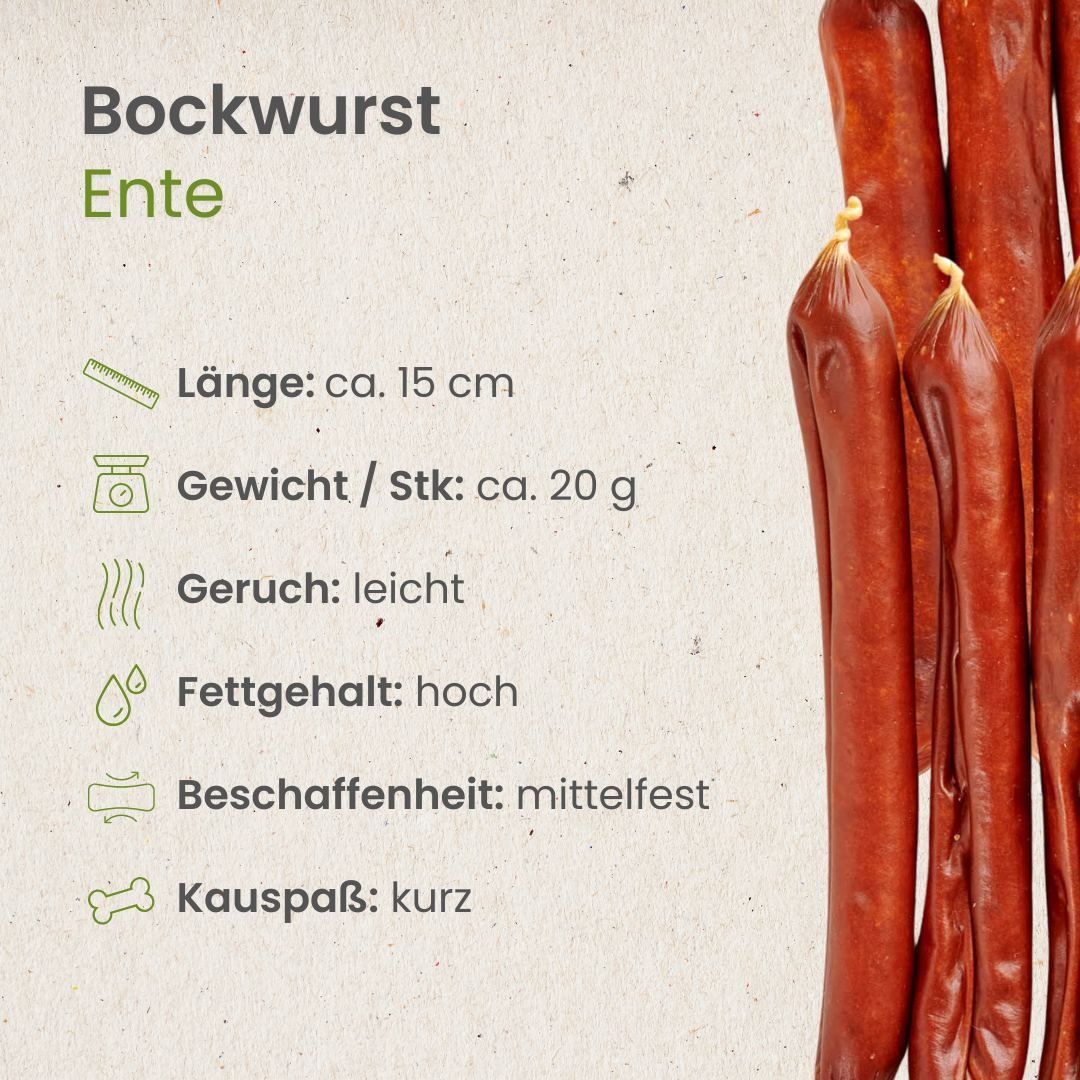 Bockwurst Ente: ca. 15 cm, 20g, leicht, hoher Fettgehalt, mittelfest.