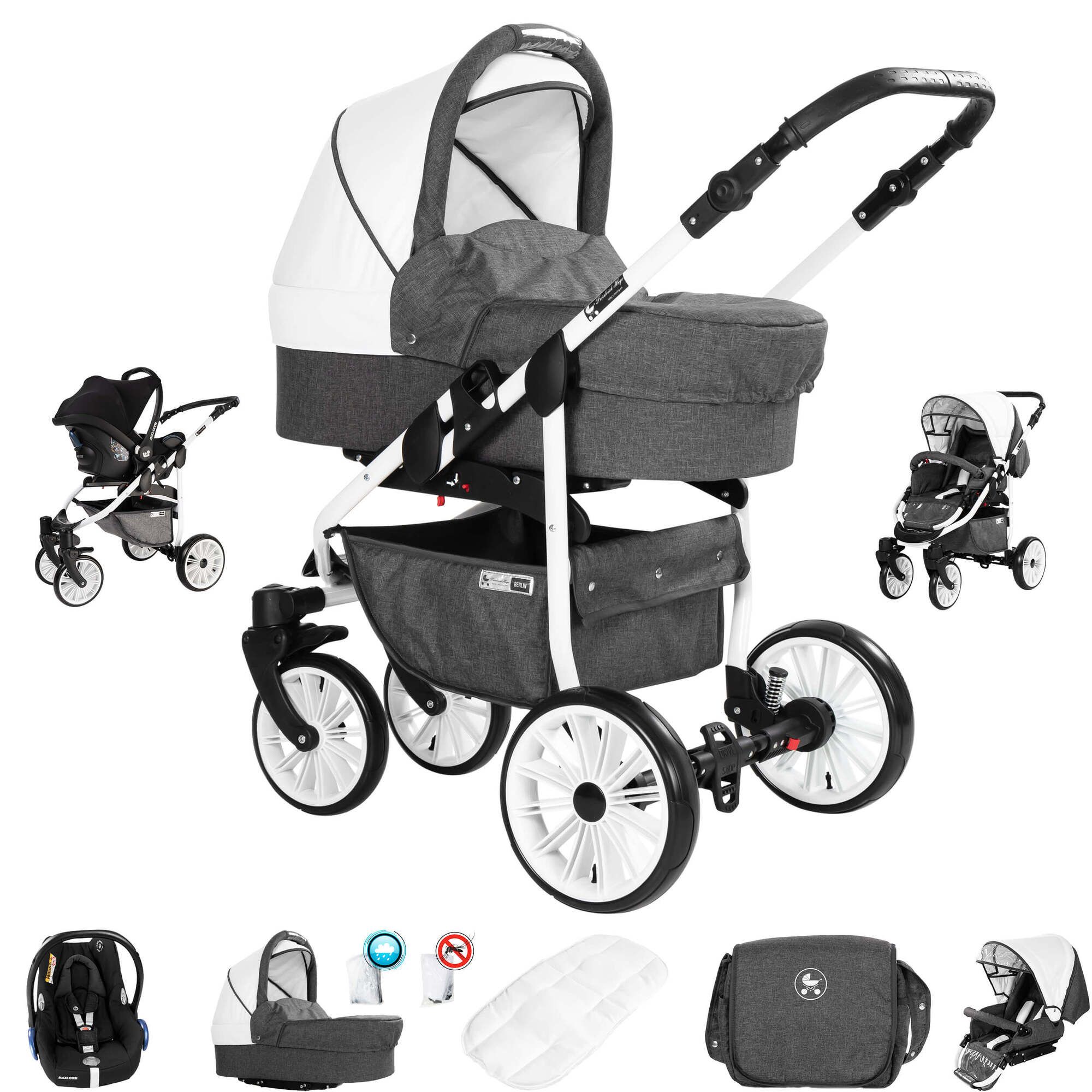 Friedrich Hugo Berlin 3 in 1 Kinderwagen mit Original Maxi Cosi, Luft Dark Grey and White Day