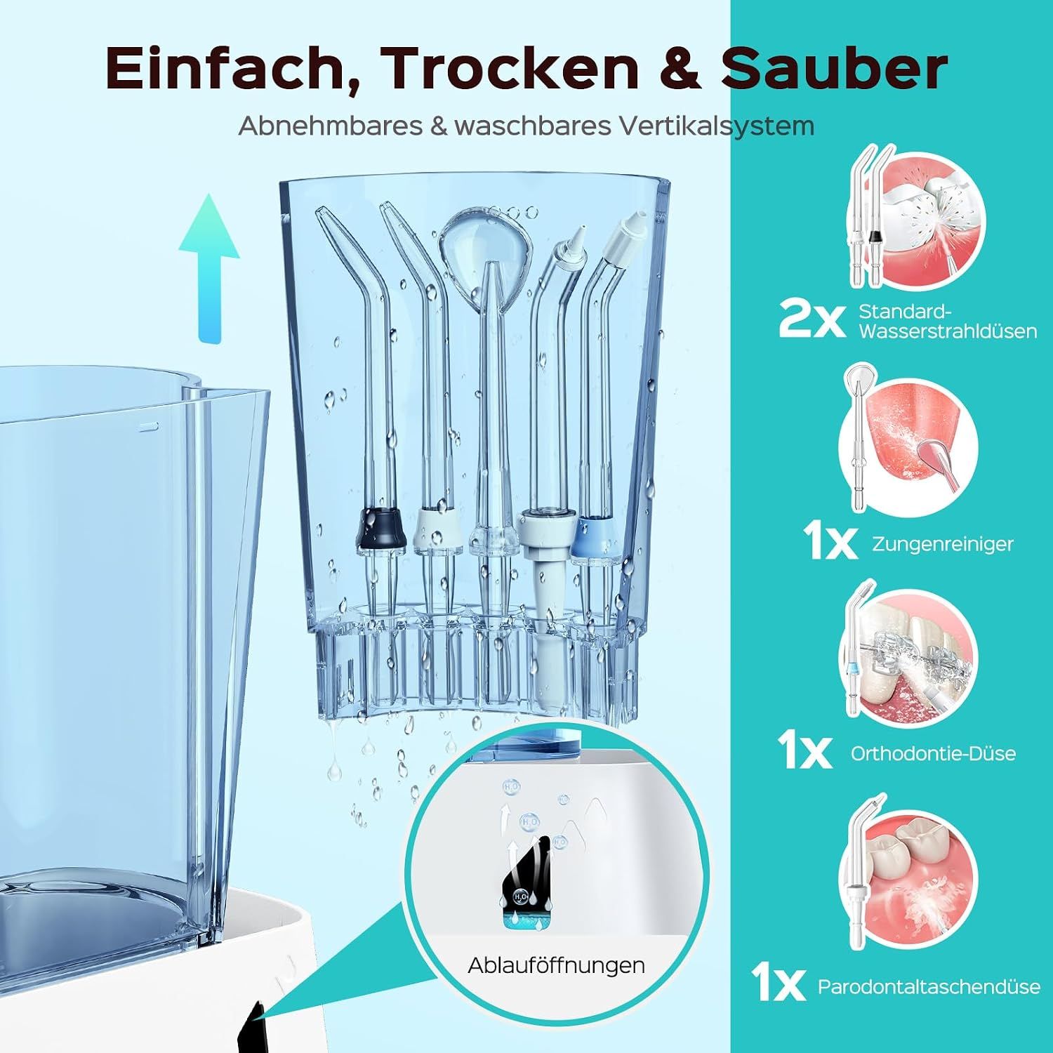 Elektrische Munddusche mit 12 Druckstufen, 2 Modi und 5 Aufsätzen. Weiß mit blauem Tank. Kartonverpackung daneben.