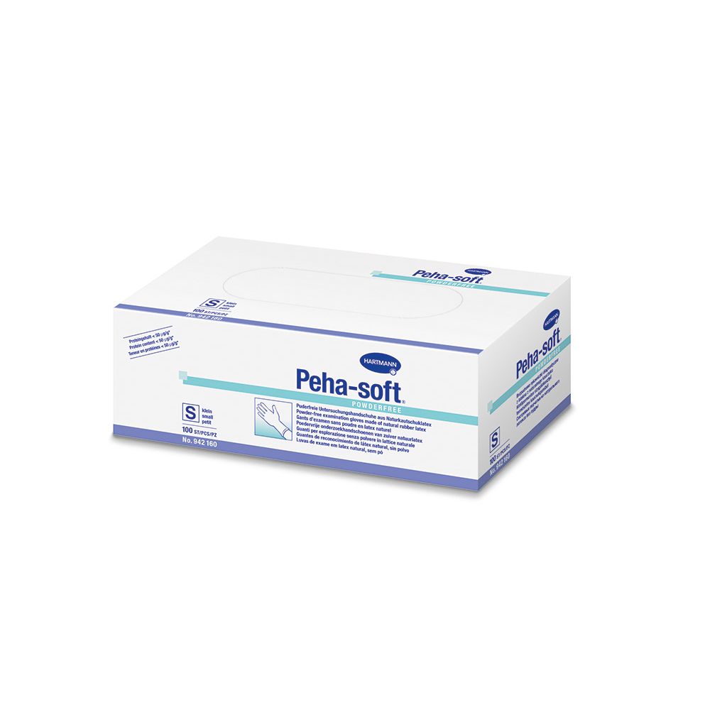 Karton mit Peha-soft® Untersuchungshandschuhen, Größe S 6-7. Pulverfrei. Marke Hartmann.