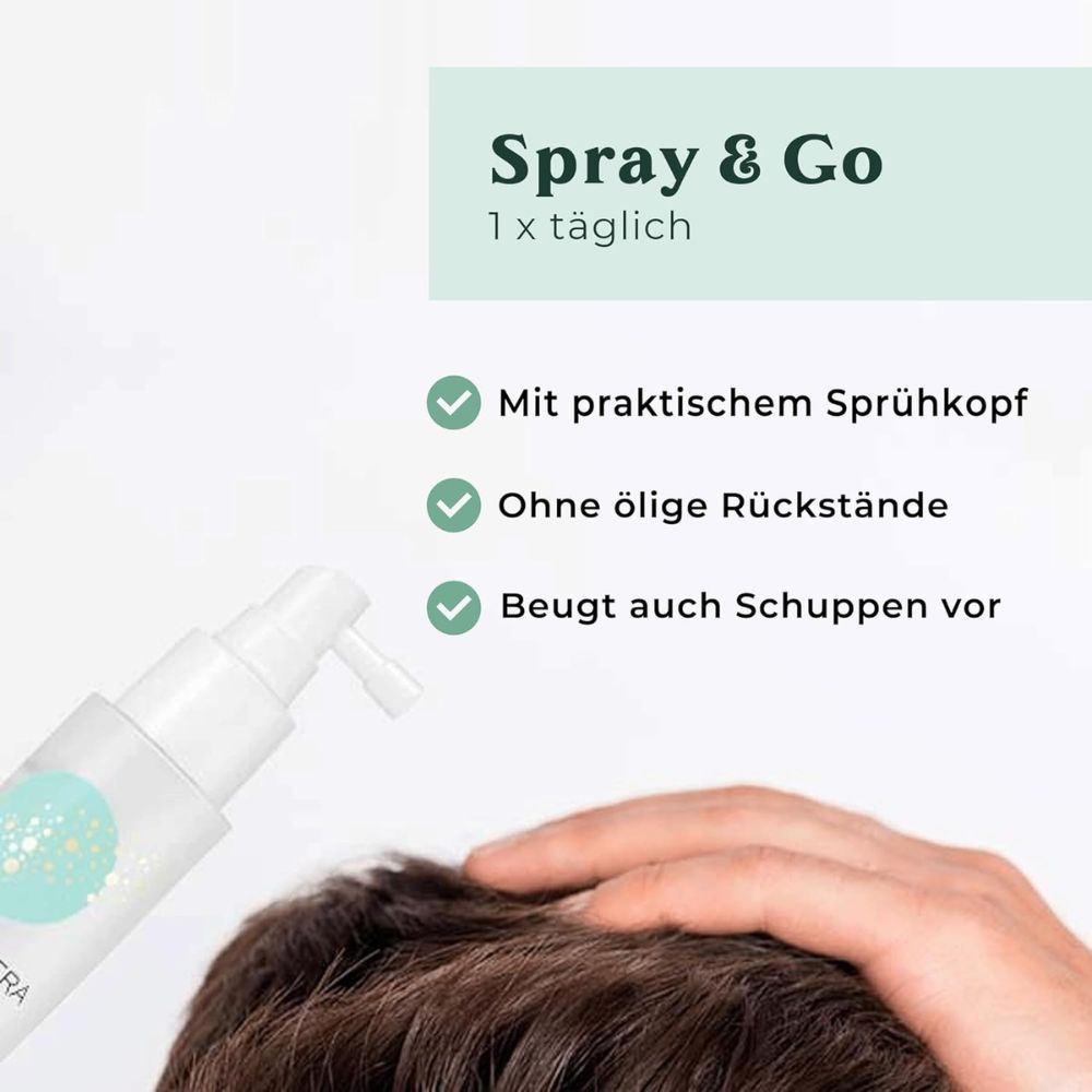 Haarwuchs Tonic Flasche mit Sprühkopf. Text: Spray & Go, 1x täglich. Mit praktischem Sprühkopf. Ohne ölige Rückstände.