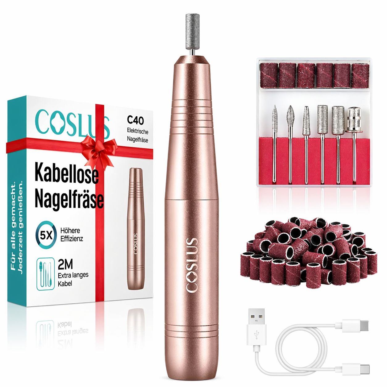 Nagelfräser-Set mit Zubehör. Rosegoldfarbenes Handstück, COSLUS-Logo. Verpackung, Fräser, Schleifhülsen, USB-Kabel.