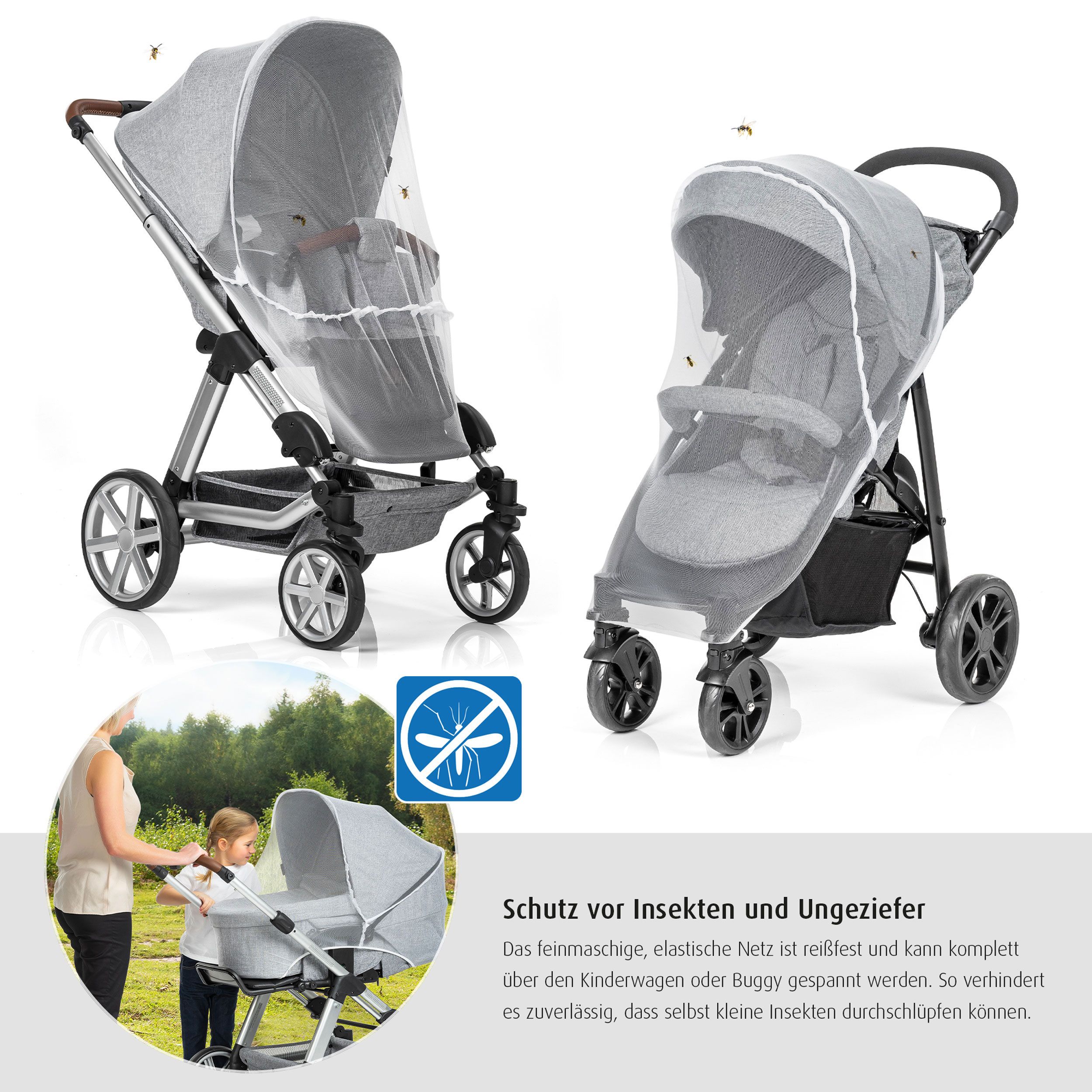 Zwei Kinderwagen mit Insektenschutznetzen. Die Netze sind über den Kinderwagen gespannt. Insekten sind abgebildet.