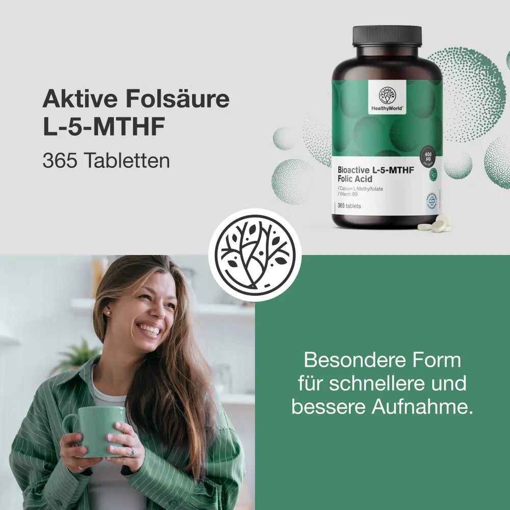 Flasche mit 365 Tabletten 'Aktive Folsäure L-5-MTHF'.
